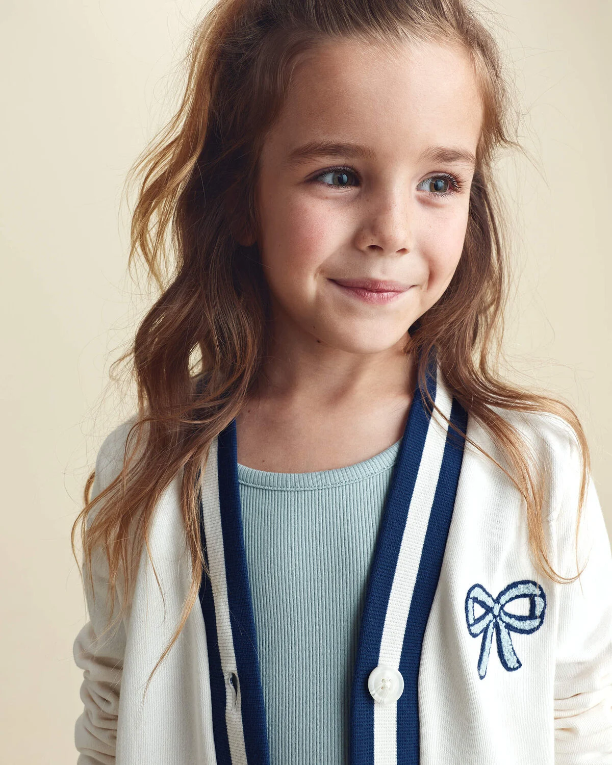Girls Bow French Terry Cardigan Sweater - Cream - Image 4