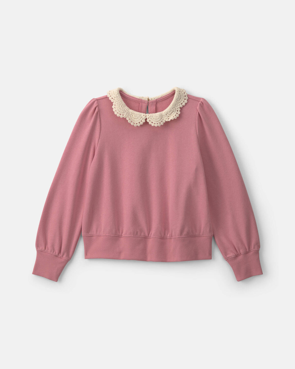 Girls Floral Collar French Terry Pullover Sweatshirt - Pink