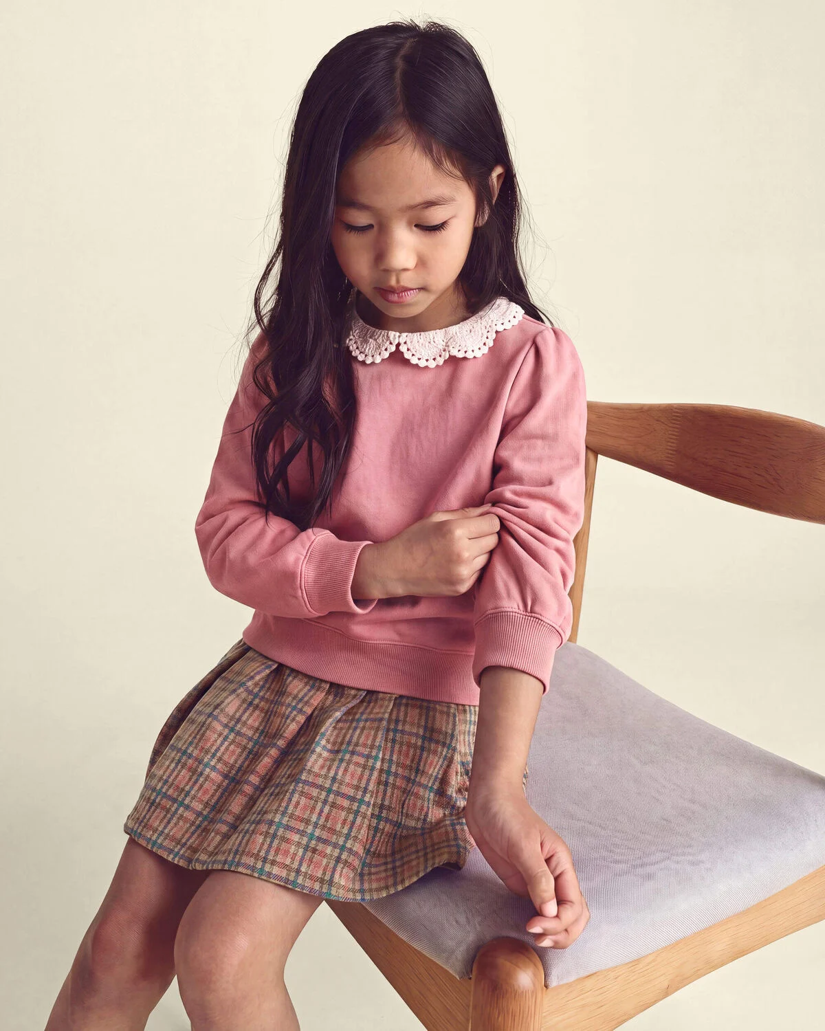 Girls Floral Collar French Terry Pullover Sweatshirt - Pink - Image 3
