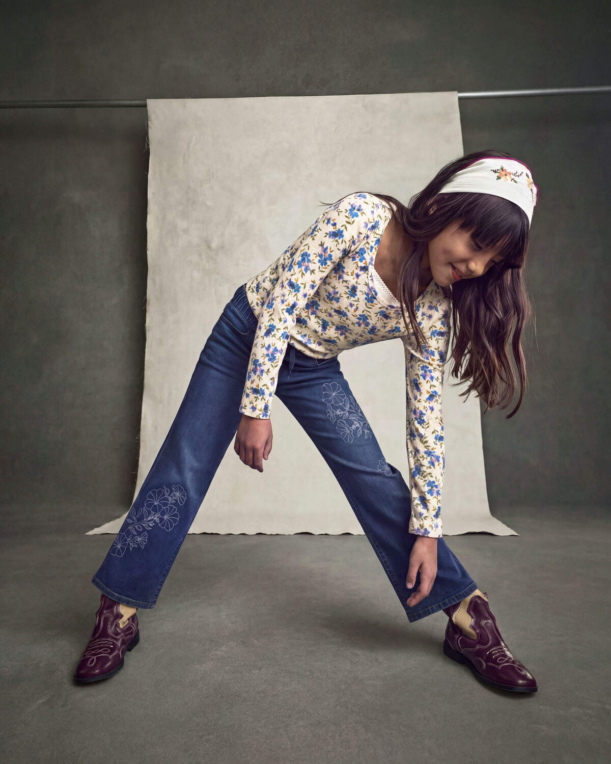 Girls Floral Long-Sleeve Top - Blue/Cream - Image 3