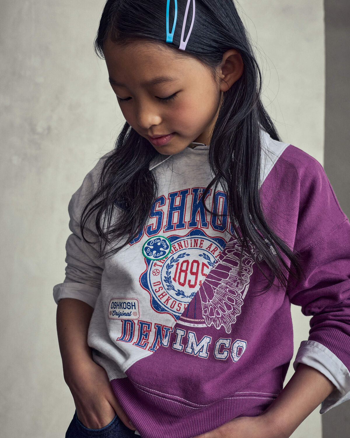 Girls 'Oshkosh Denim Co' French Terry Pullover Sweatshirt - Grey/Purple - Image 2