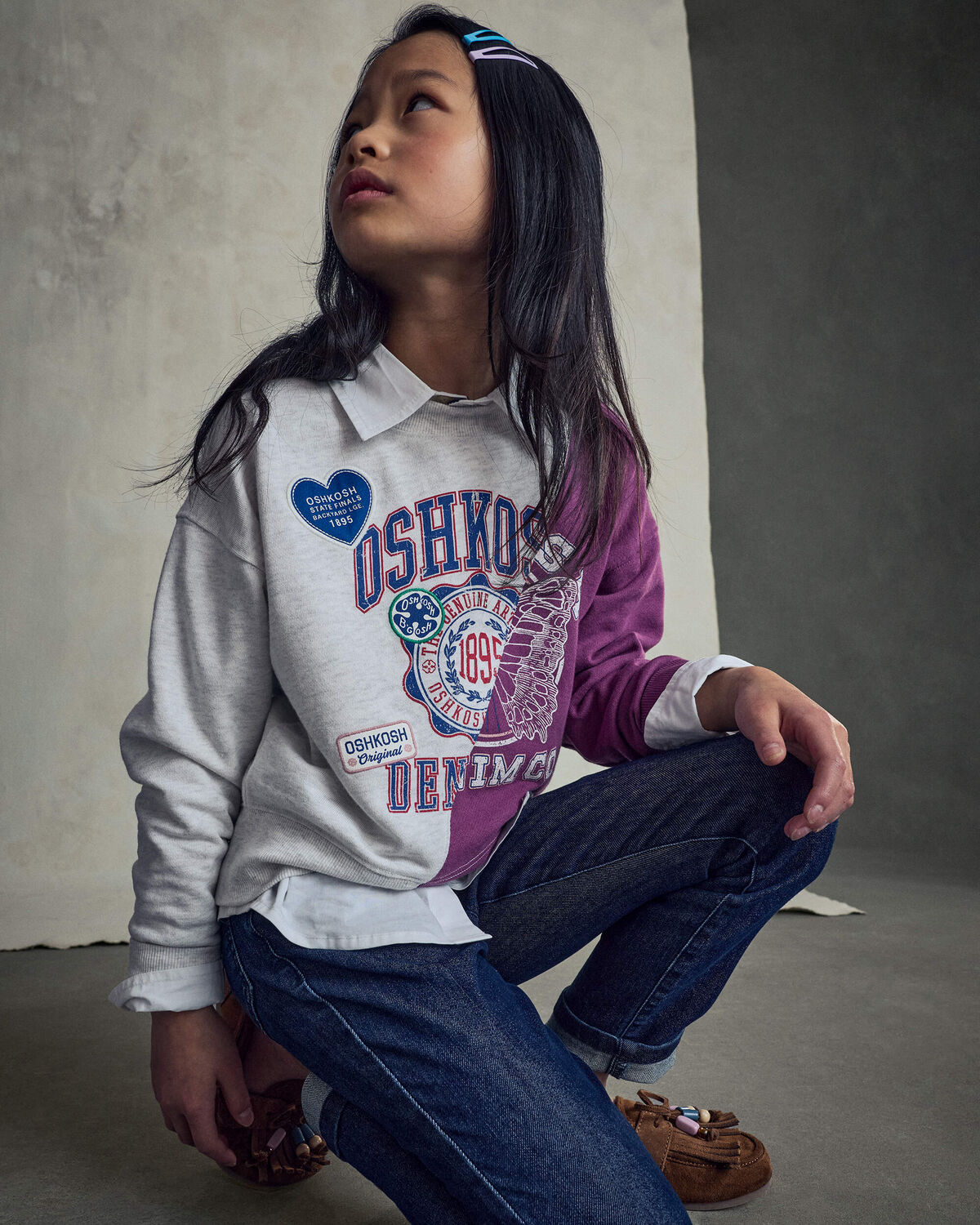 Girls 'Oshkosh Denim Co' French Terry Pullover Sweatshirt - Grey/Purple - Image 3