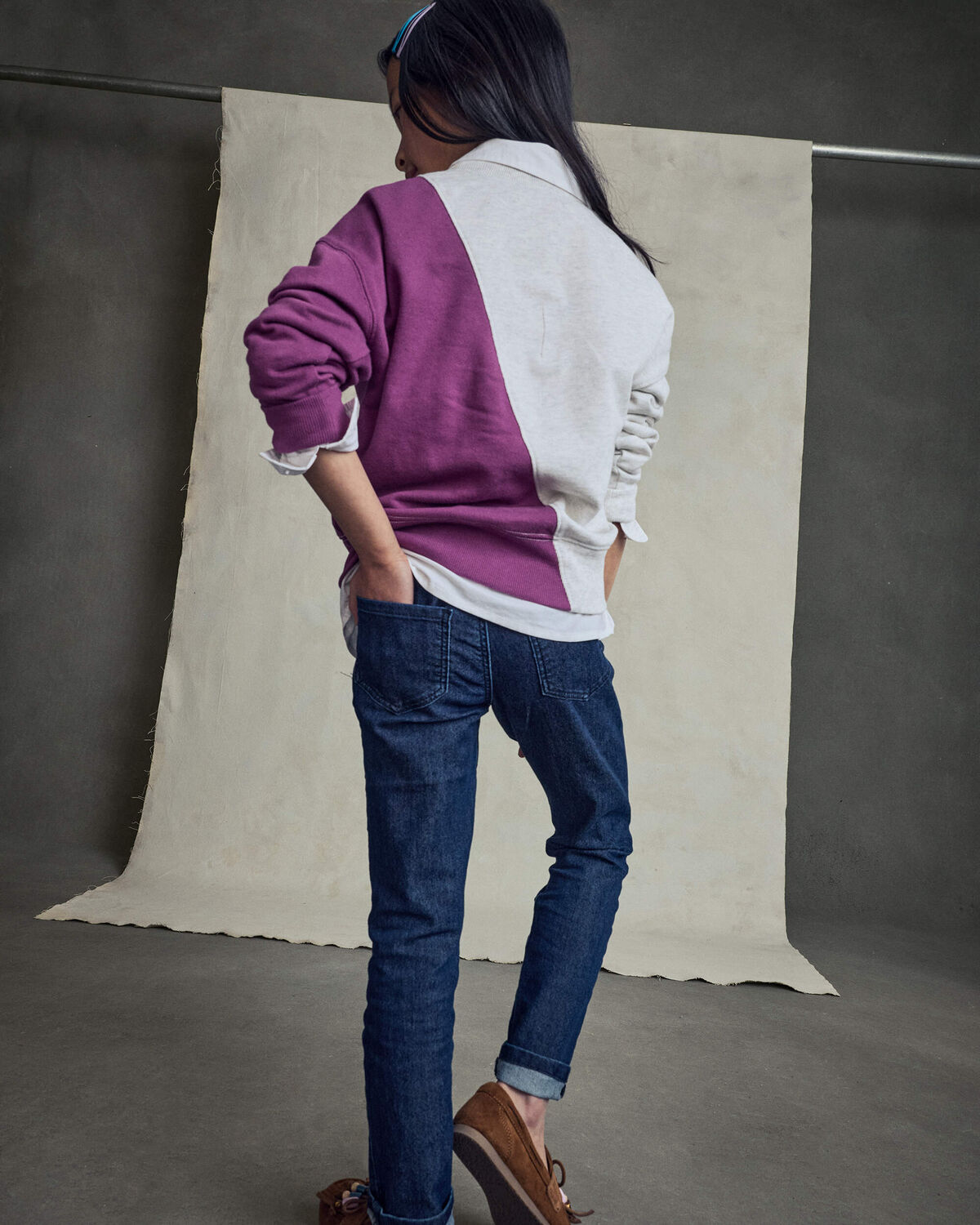 Girls 'Oshkosh Denim Co' French Terry Pullover Sweatshirt - Grey/Purple - Image 4