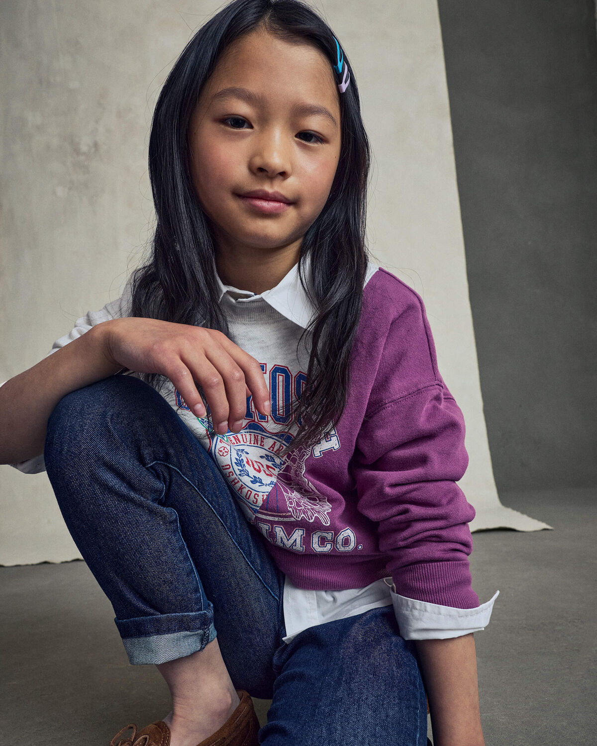 Girls 'Oshkosh Denim Co' French Terry Pullover Sweatshirt - Grey/Purple - Image 5