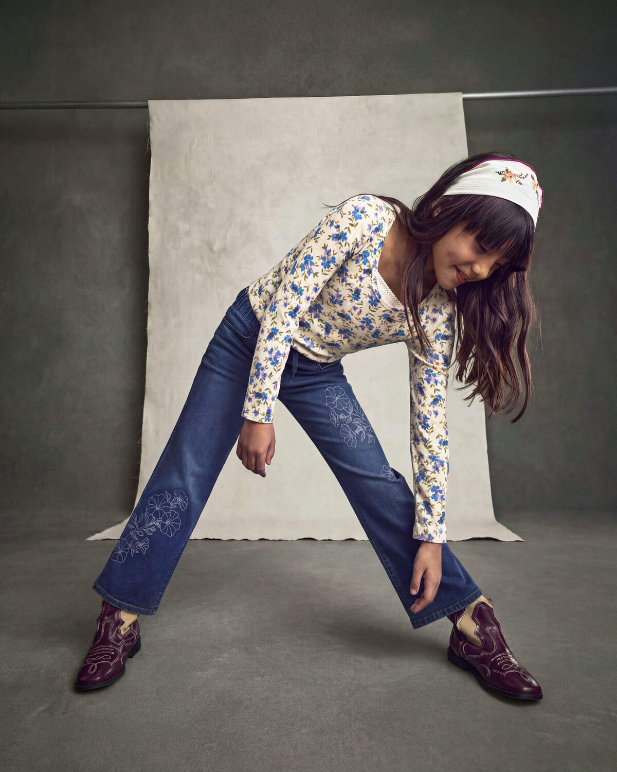 Girls Floral Denim Wide-Leg Jeans - Dark Wash - Image 4