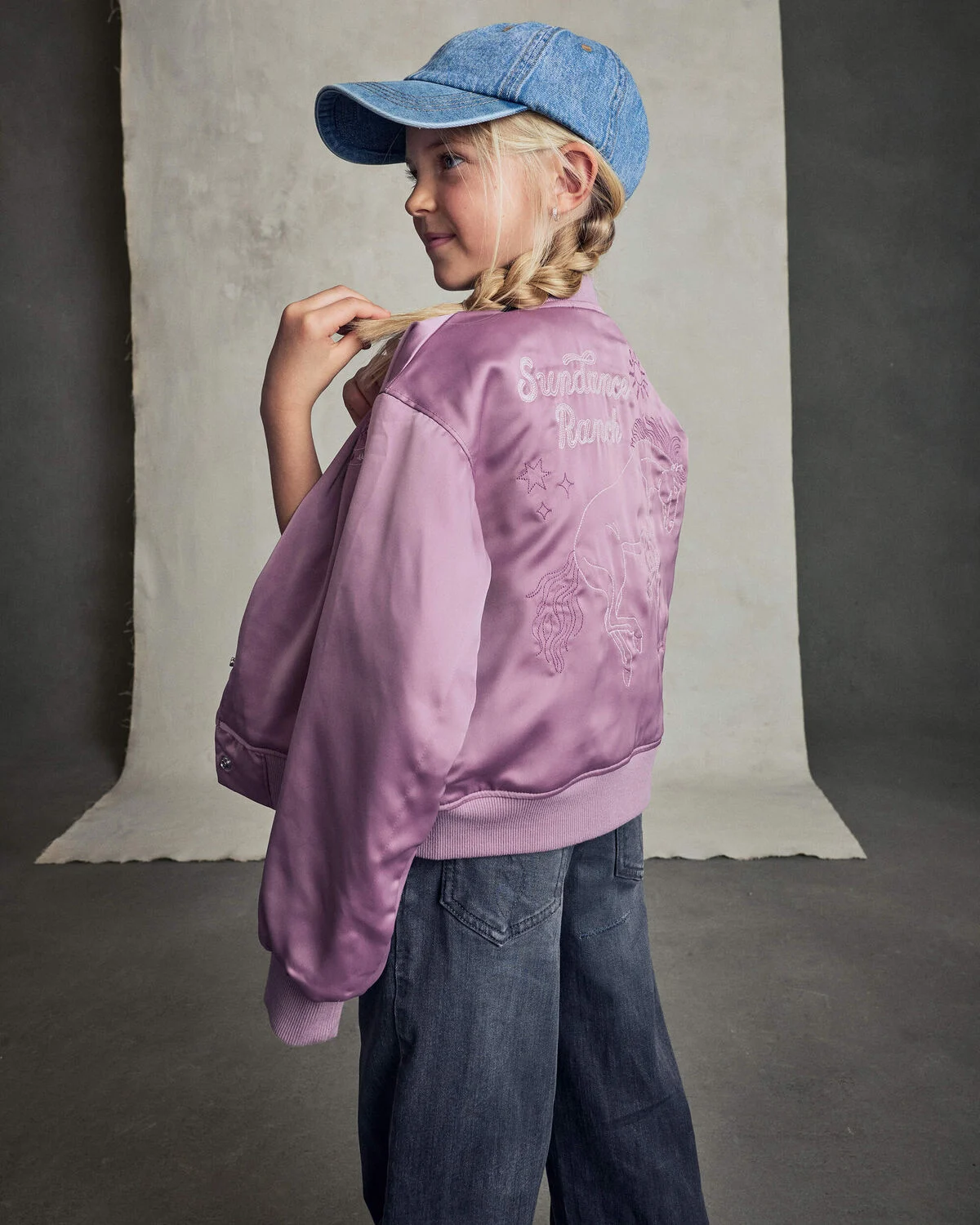 Girls 'Sundance Ranch' Horse Poplin Bomber Jacket - Purple - Image 3
