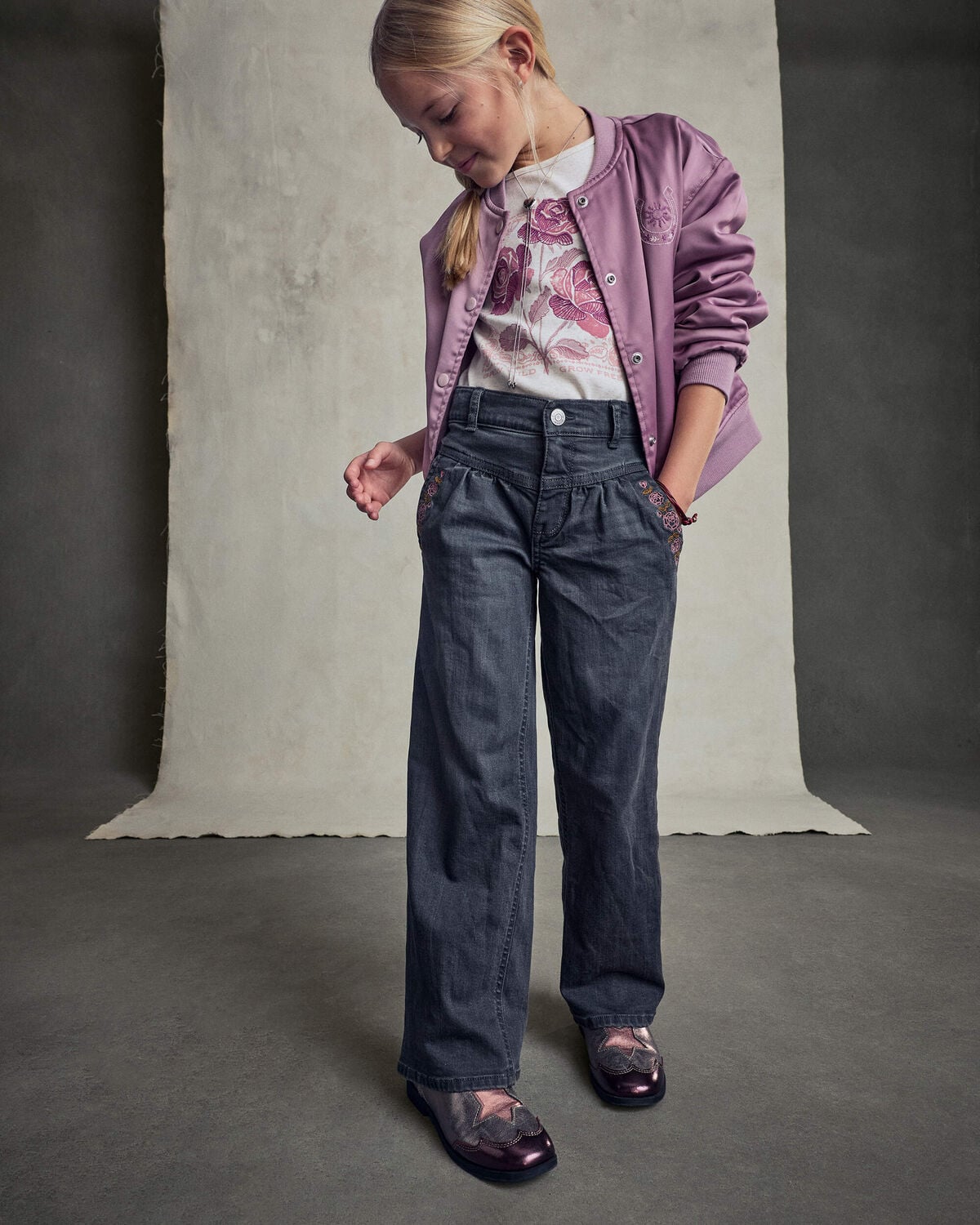 Girls Floral Denim Wide-Leg Pants - Dark Wash - Image 4