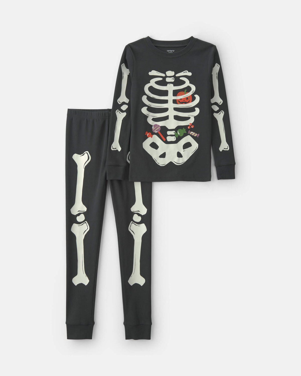 Kids 2-Piece Halloween Glow in the Dark Skeleton 100% Cotton Snug Fit Pajama Set - Charcoal
