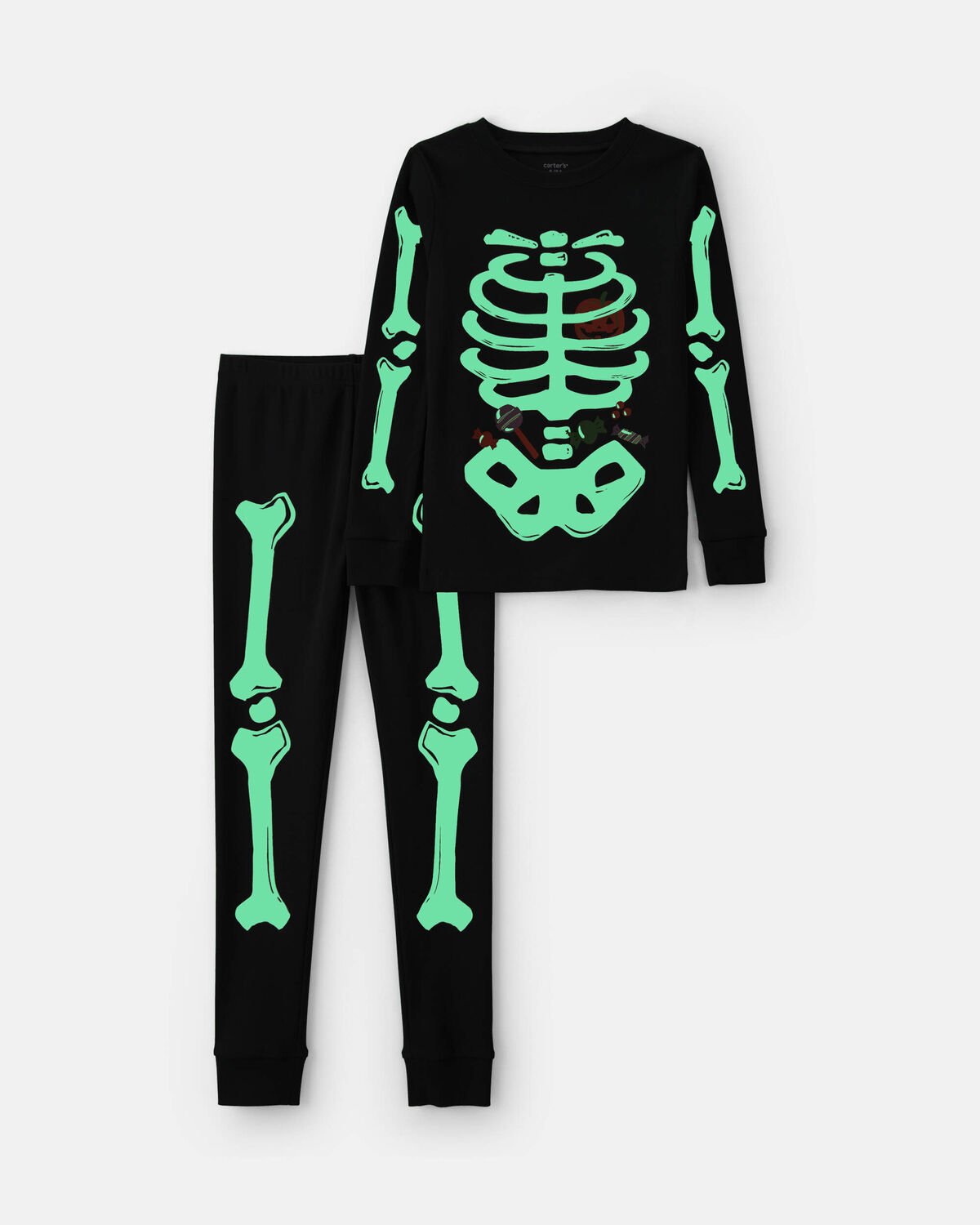 Kids 2-Piece Halloween Glow in the Dark Skeleton 100% Cotton Snug Fit Pajama Set - Charcoal - Image 2