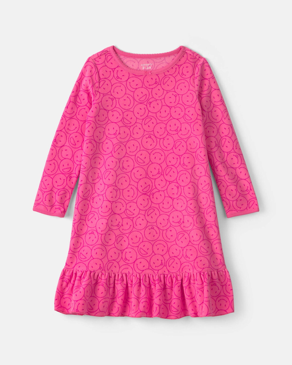 Girls Smiley Face Fleece Loose Fit Night Gown - Pink