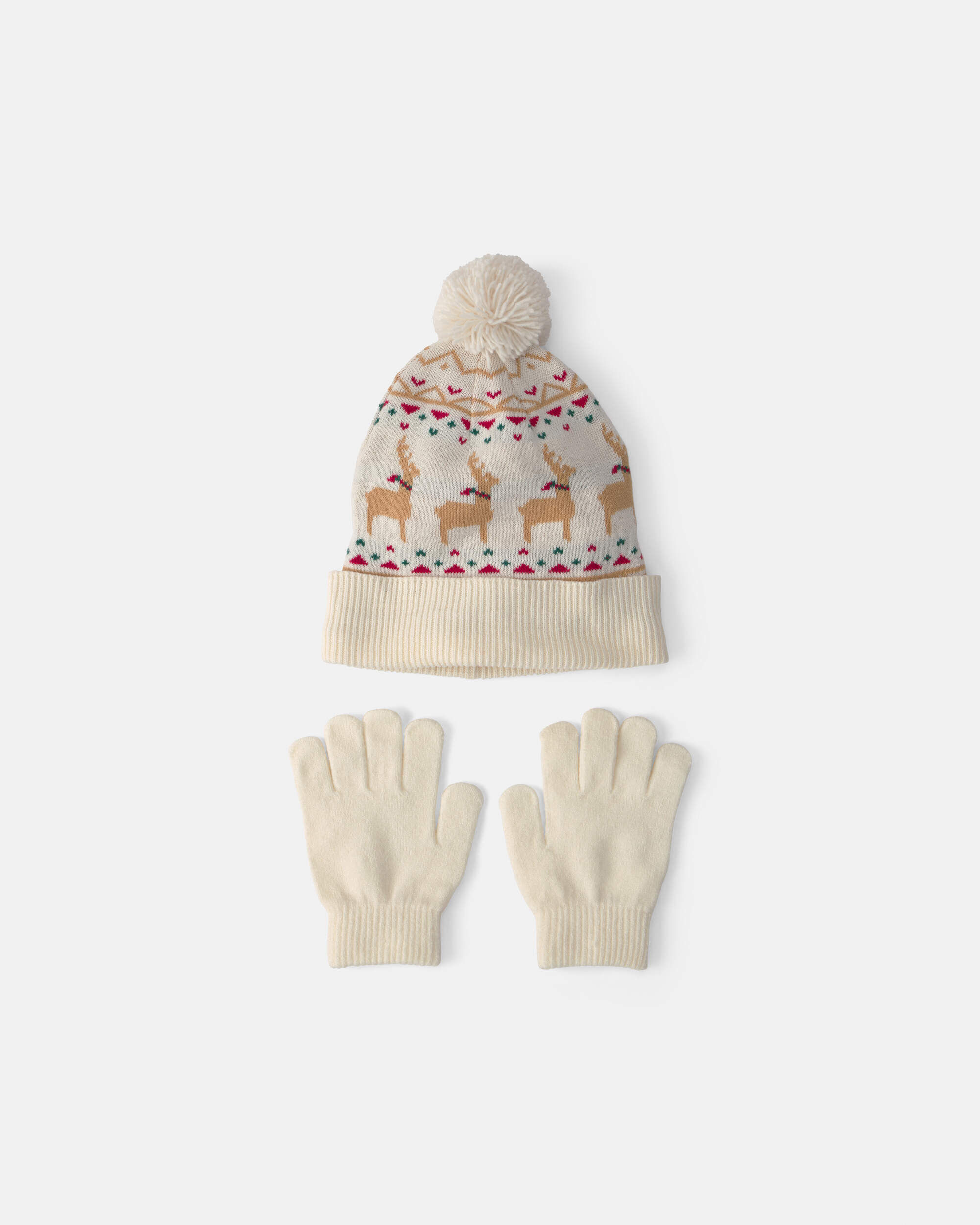 Kids 2-Piece Fair Isle Christmas Beanie & Glove Set - Cream - Image 3