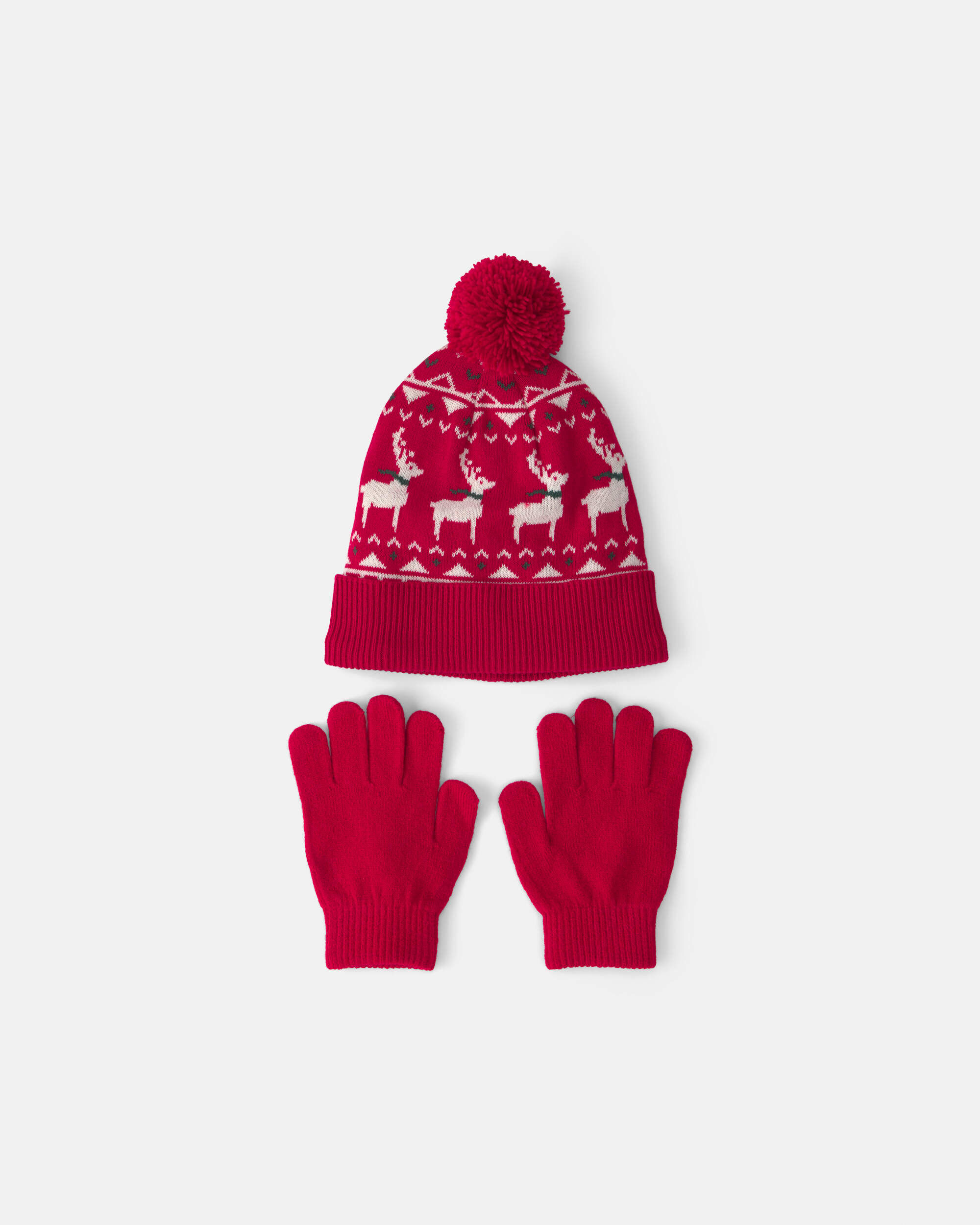 Kids 2-Piece Fair Isle Christmas Beanie & Glove Set - Red - Image 3
