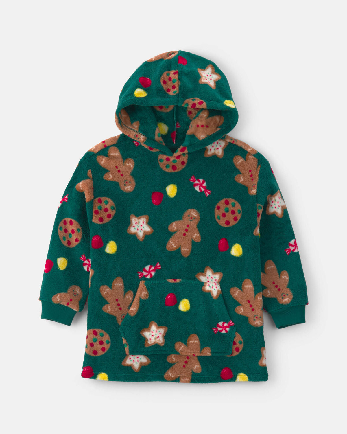 Kids Christmas Gingerbread Fleece Pajama Hoodie - Green