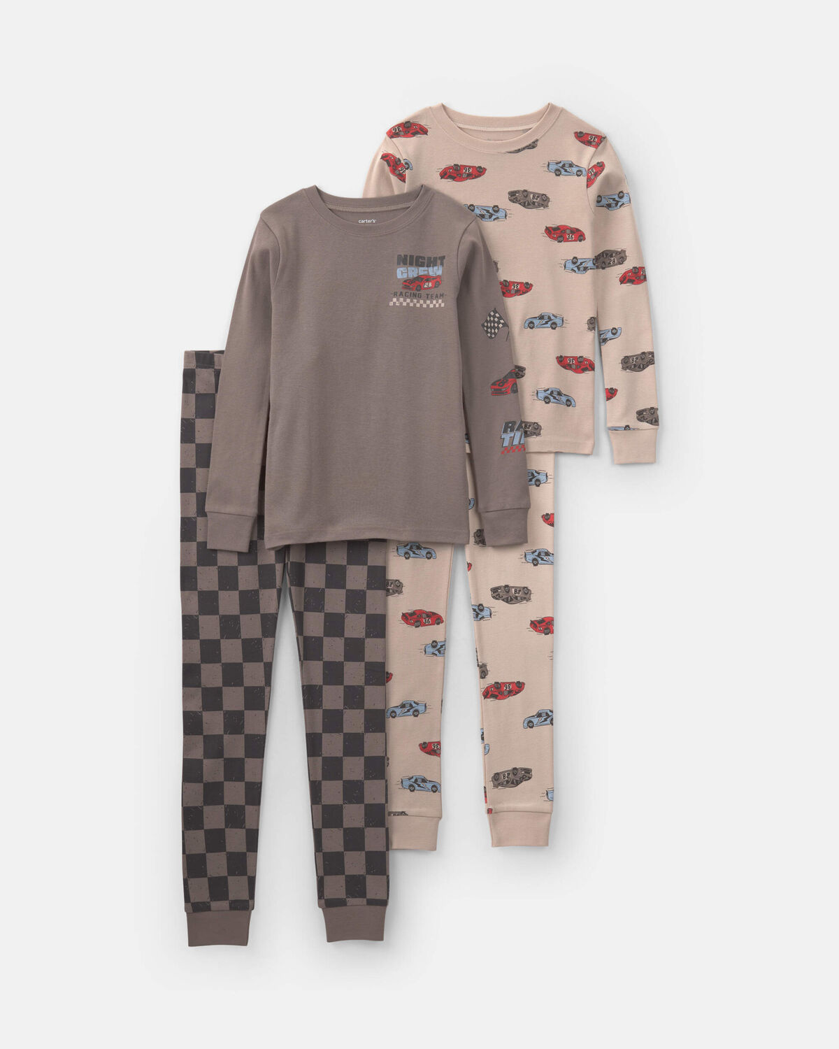 Boys Race Car 100% Cotton 4-Piece Pajama Set - Grey/Khaki