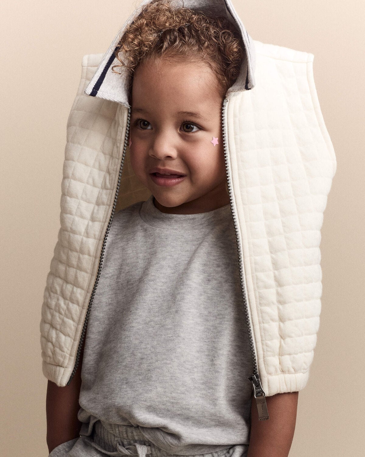Toddler Quilted Zip-Up Collard Vest - Cream - Image 4