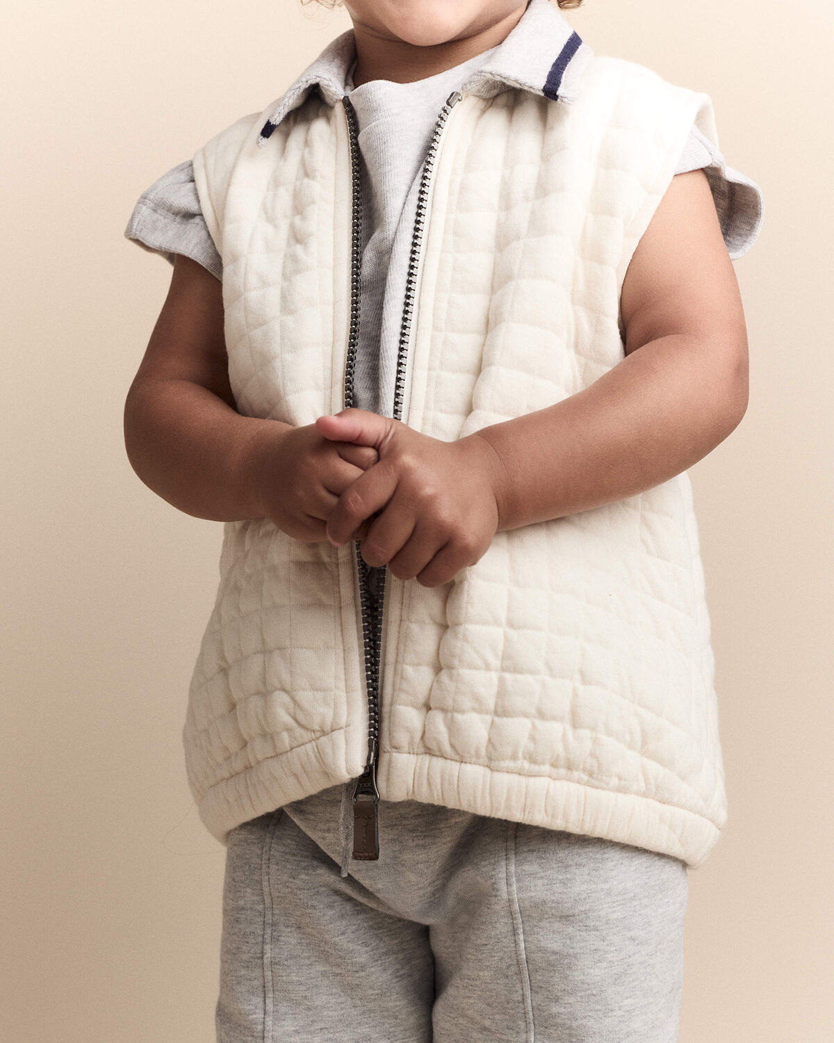 Toddler Quilted Zip-Up Collard Vest - Cream - Image 6