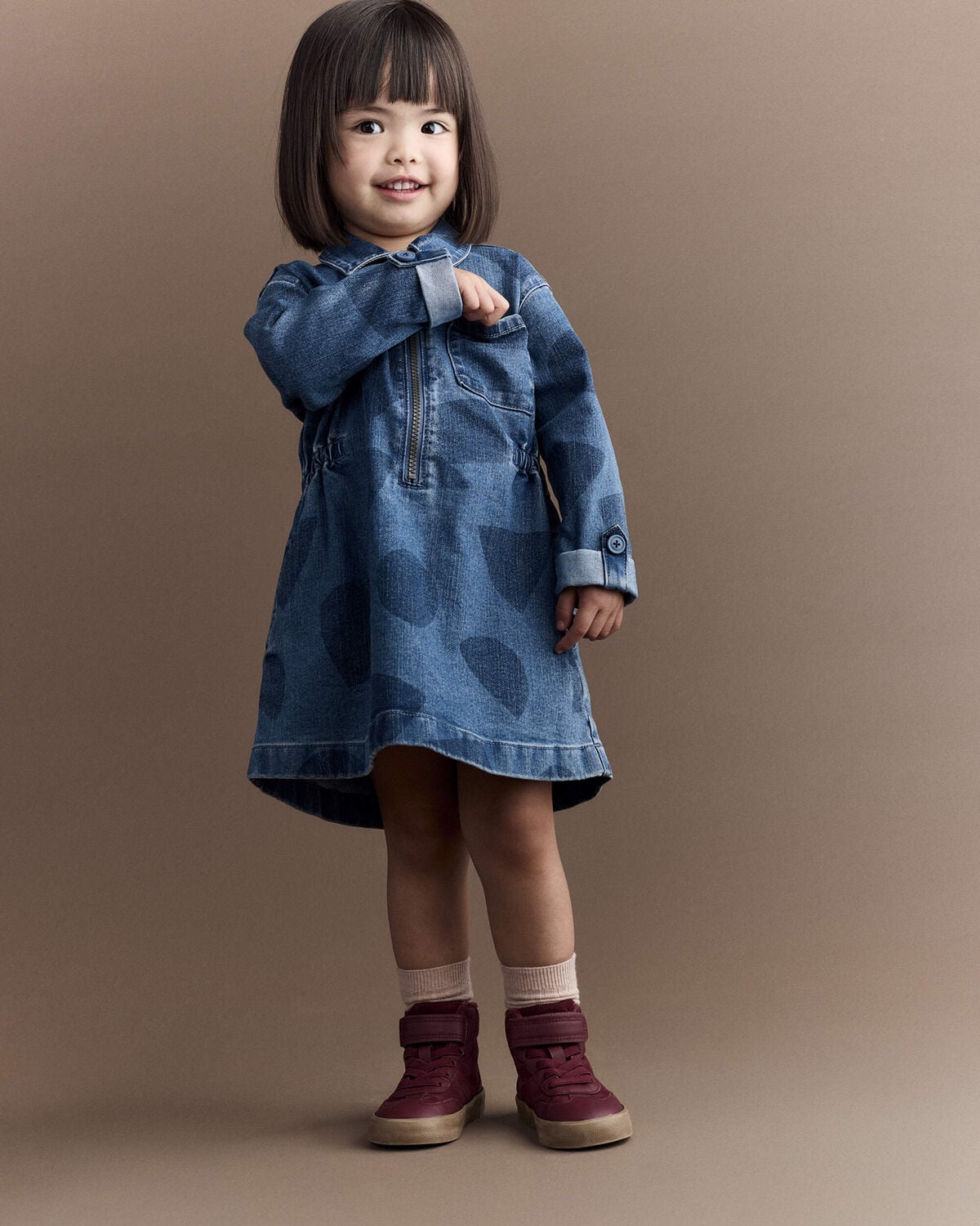 Toddler Girl Zip-Up Denim Shirt Dress with Shapes - Blue