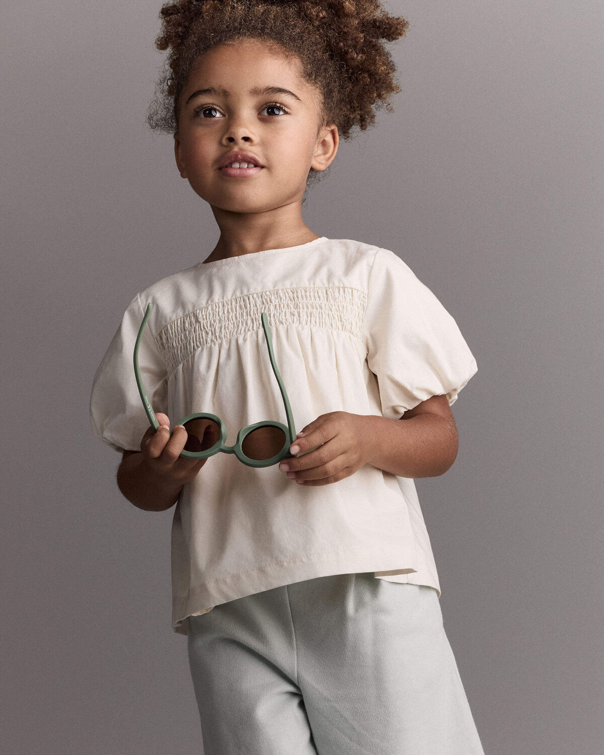Toddler Girl Smocked Bubble Sleeve Top - Cream