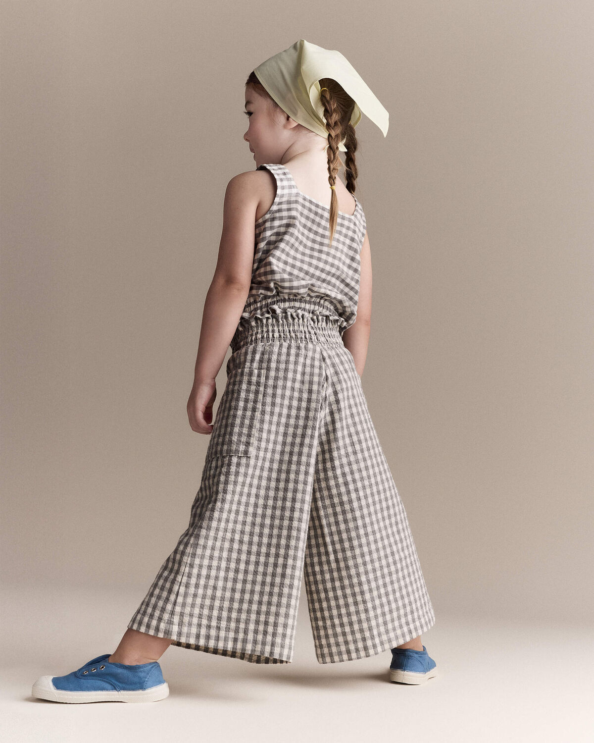 Toddler Girl Gingham Smocked Wide Leg Pant - Cream/Grey - Image 4