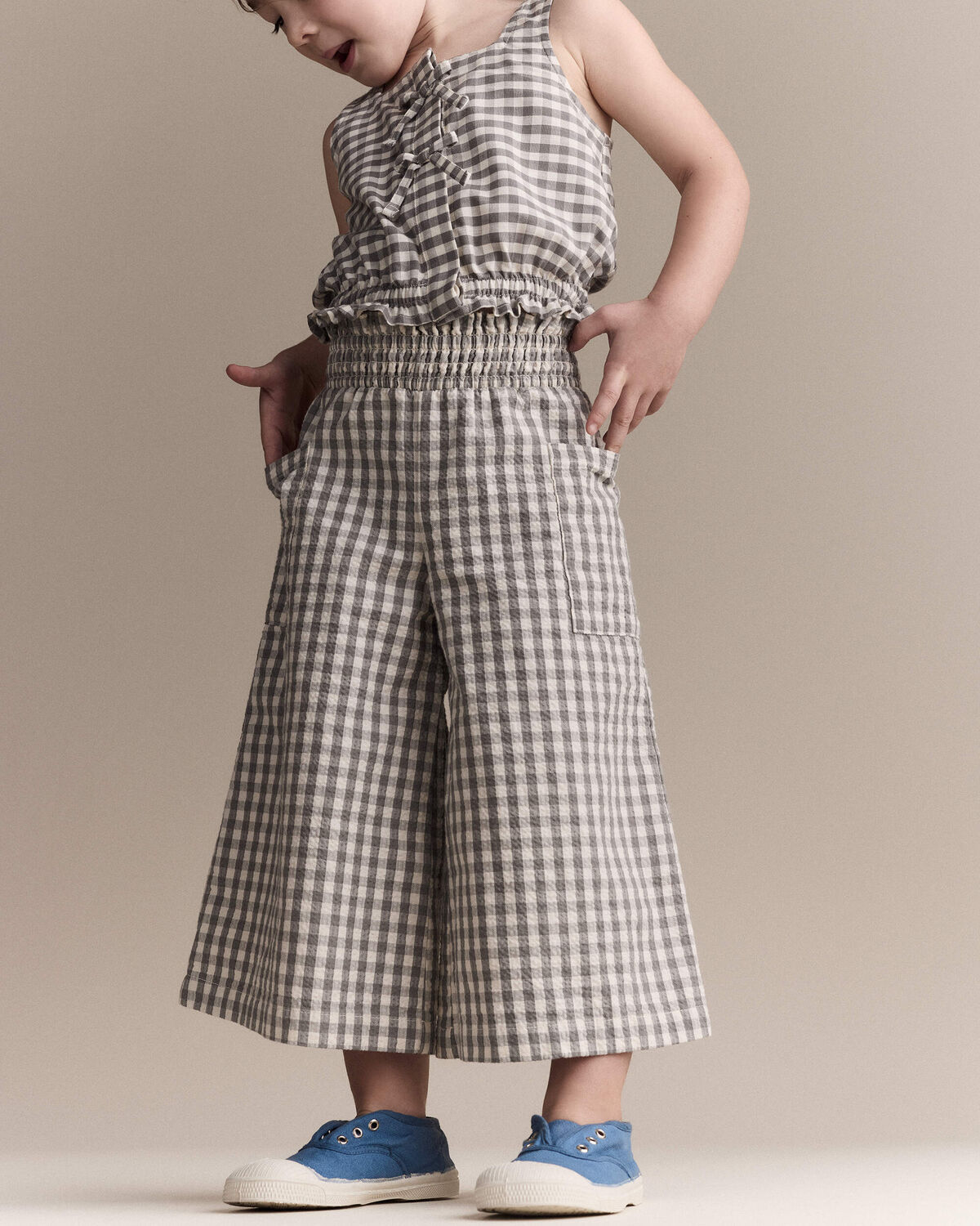 Toddler Girl Gingham Smocked Wide Leg Pant - Cream/Grey