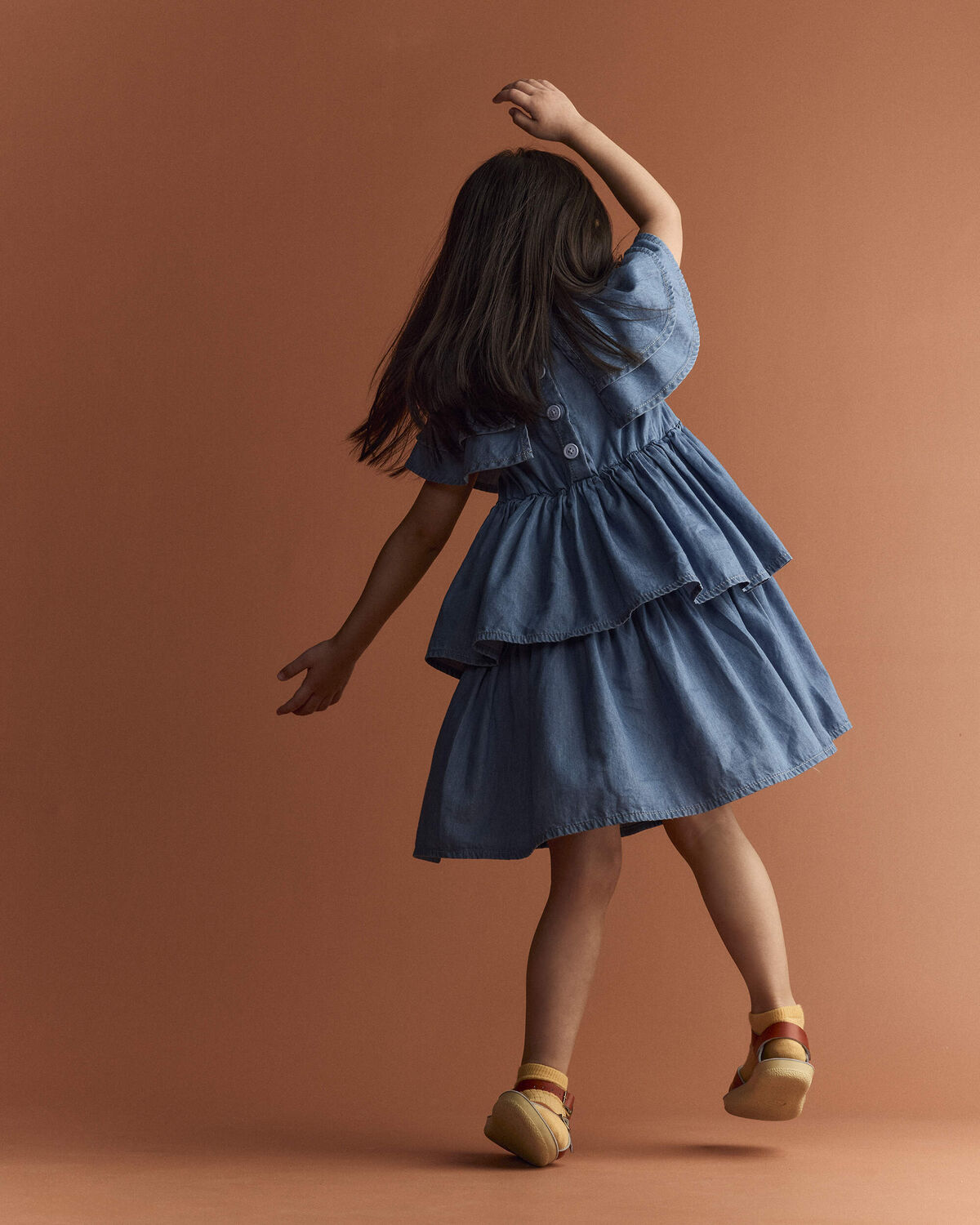 Toddler Girl Ruffle Tiered Dress in Chambray - Blue - Image 4