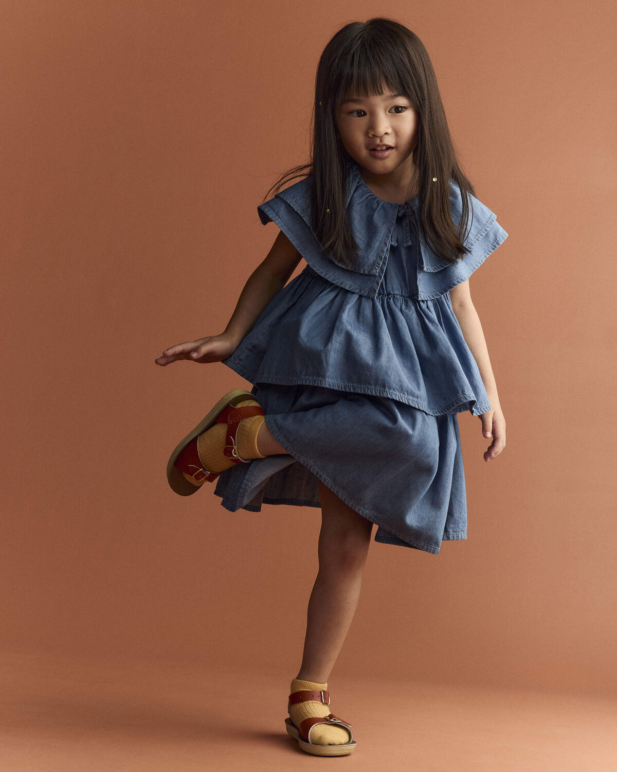 Toddler Girl Ruffle Tiered Dress in Chambray - Blue - Image 6