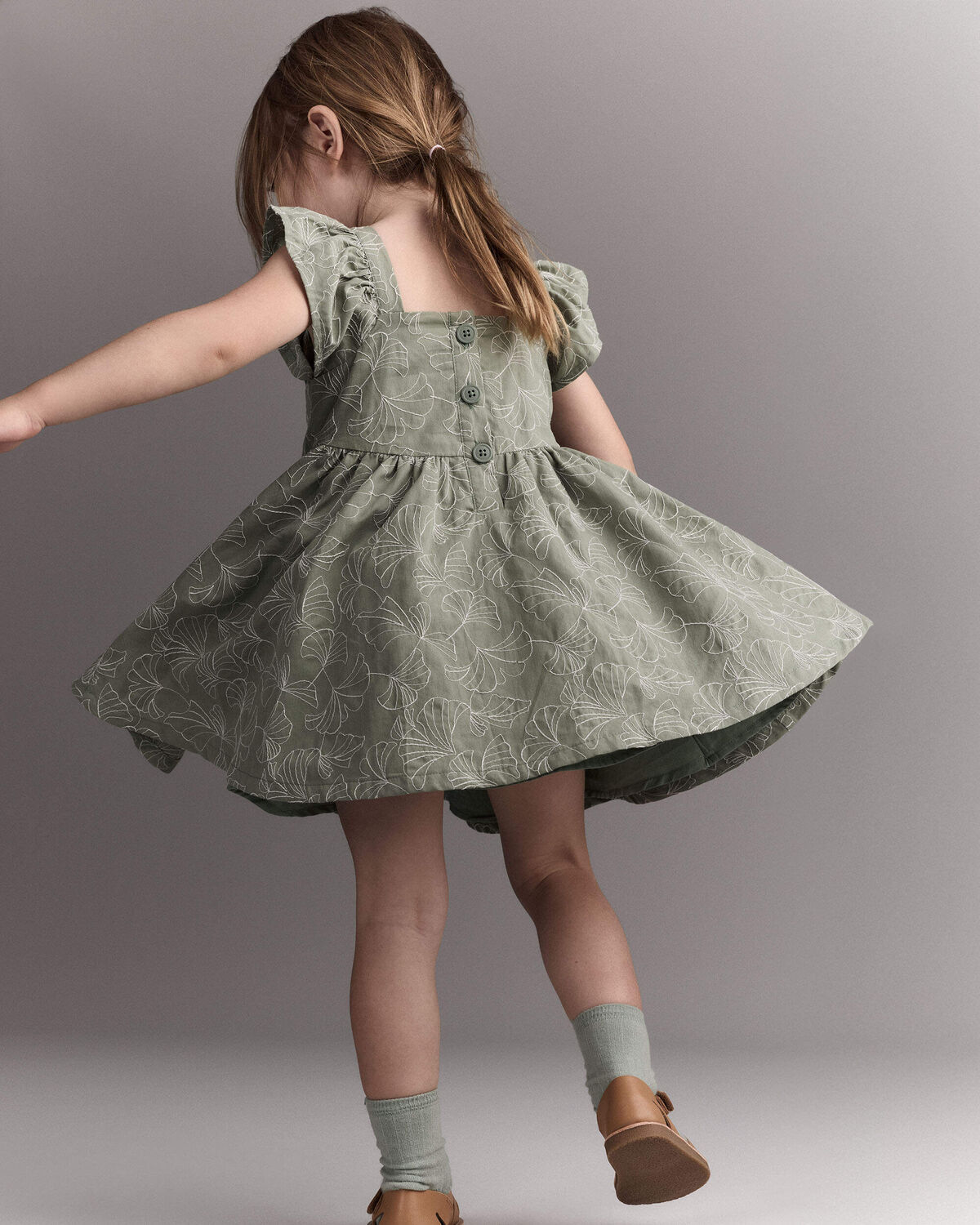 Toddler Girl Embroidered Flutter Sleeve Dress in Floral Print - Green - Image 3