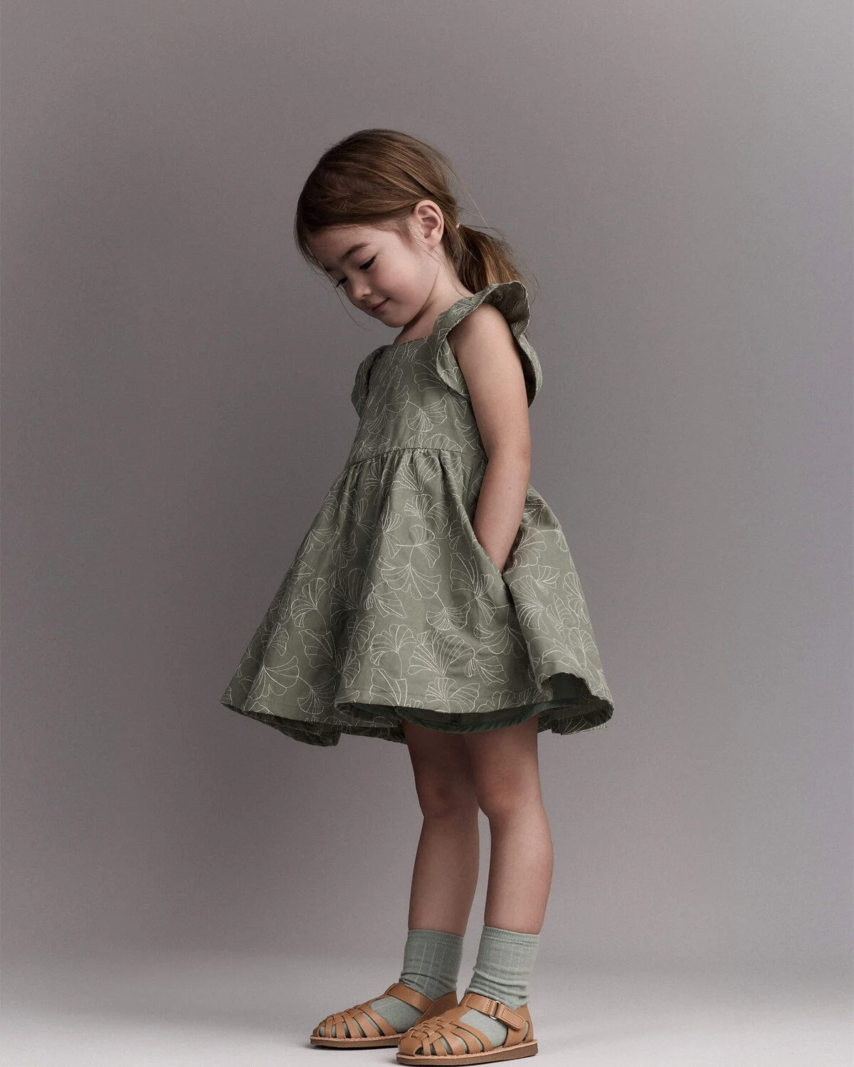 Toddler Girl Embroidered Flutter Sleeve Dress in Floral Print - Green - Image 5