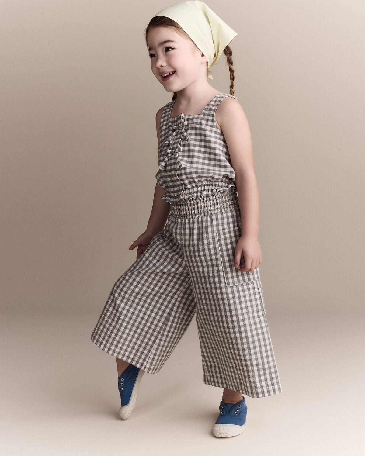 Toddler Girl Gingham Peplum Top with Bows - Cream/Grey