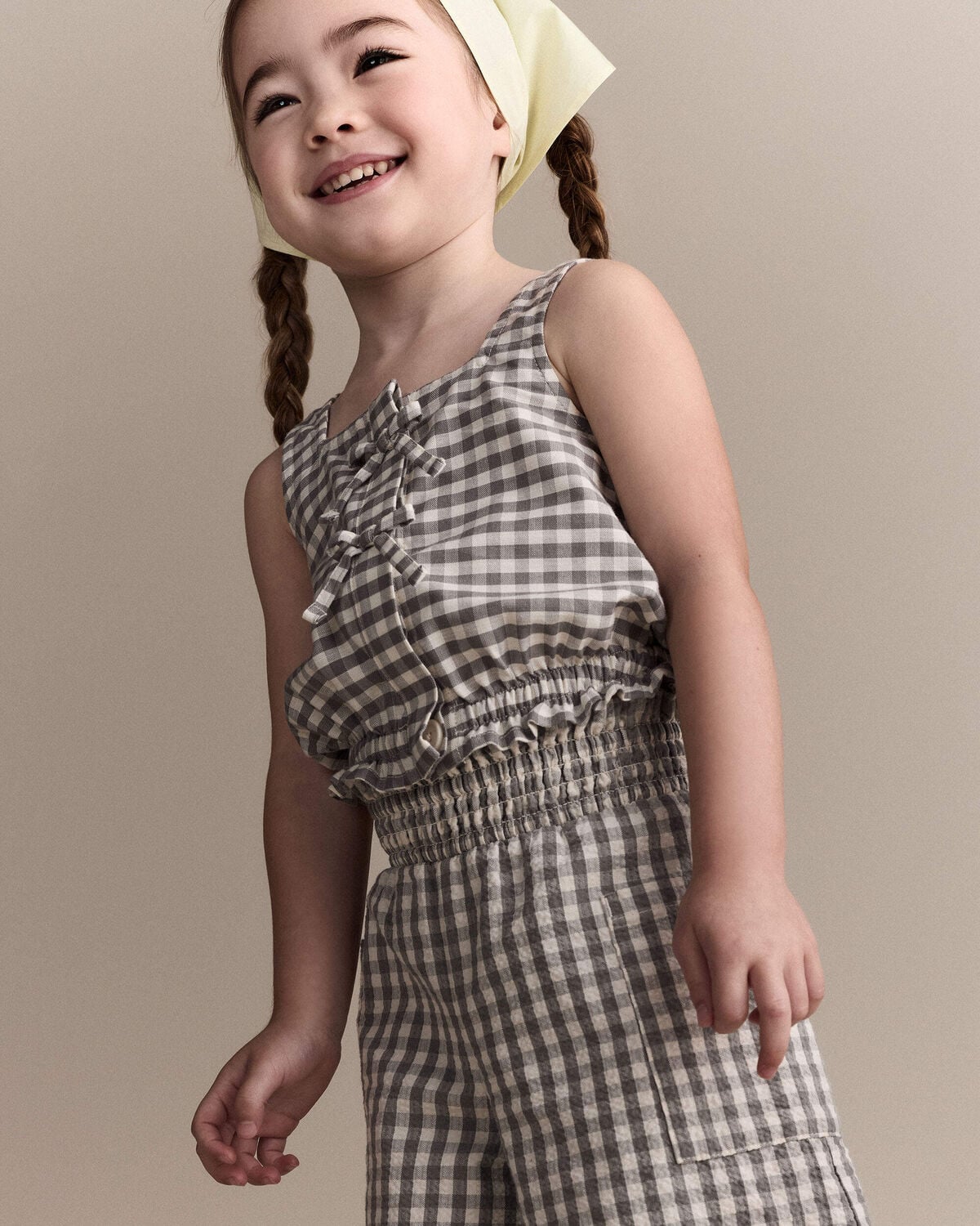 Toddler Girl Gingham Peplum Top with Bows - Cream/Grey - Image 3
