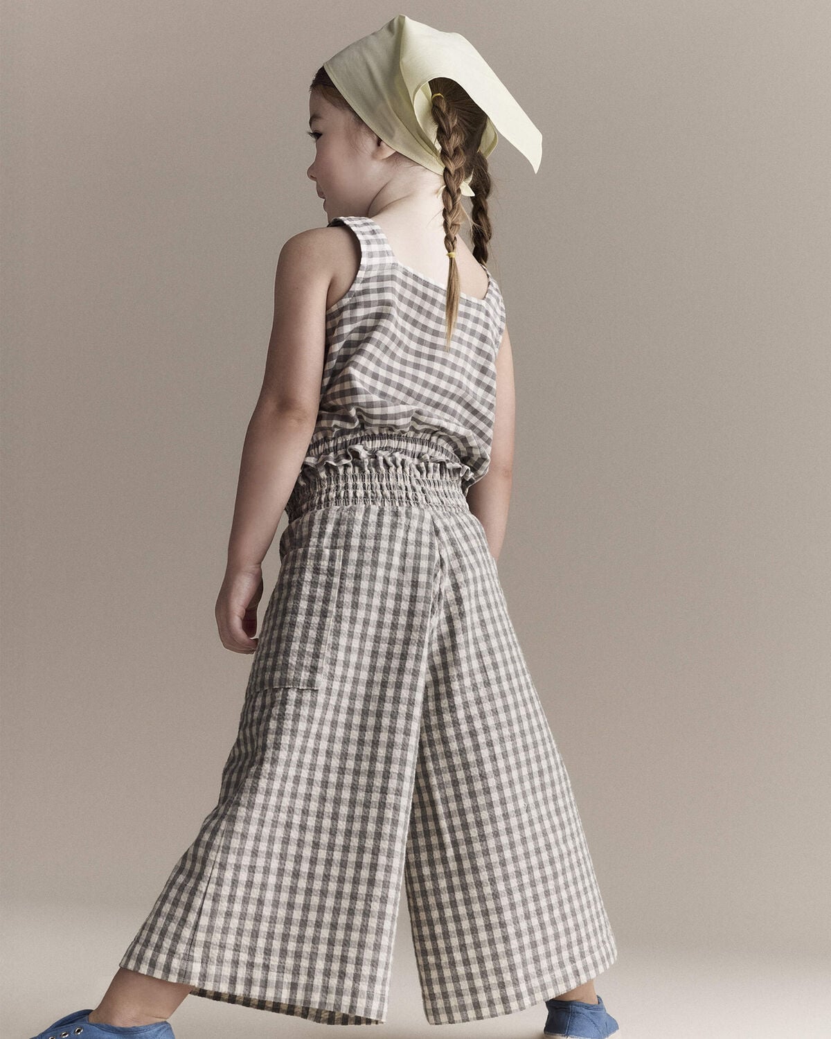 Toddler Girl Gingham Peplum Top with Bows - Cream/Grey - Image 4