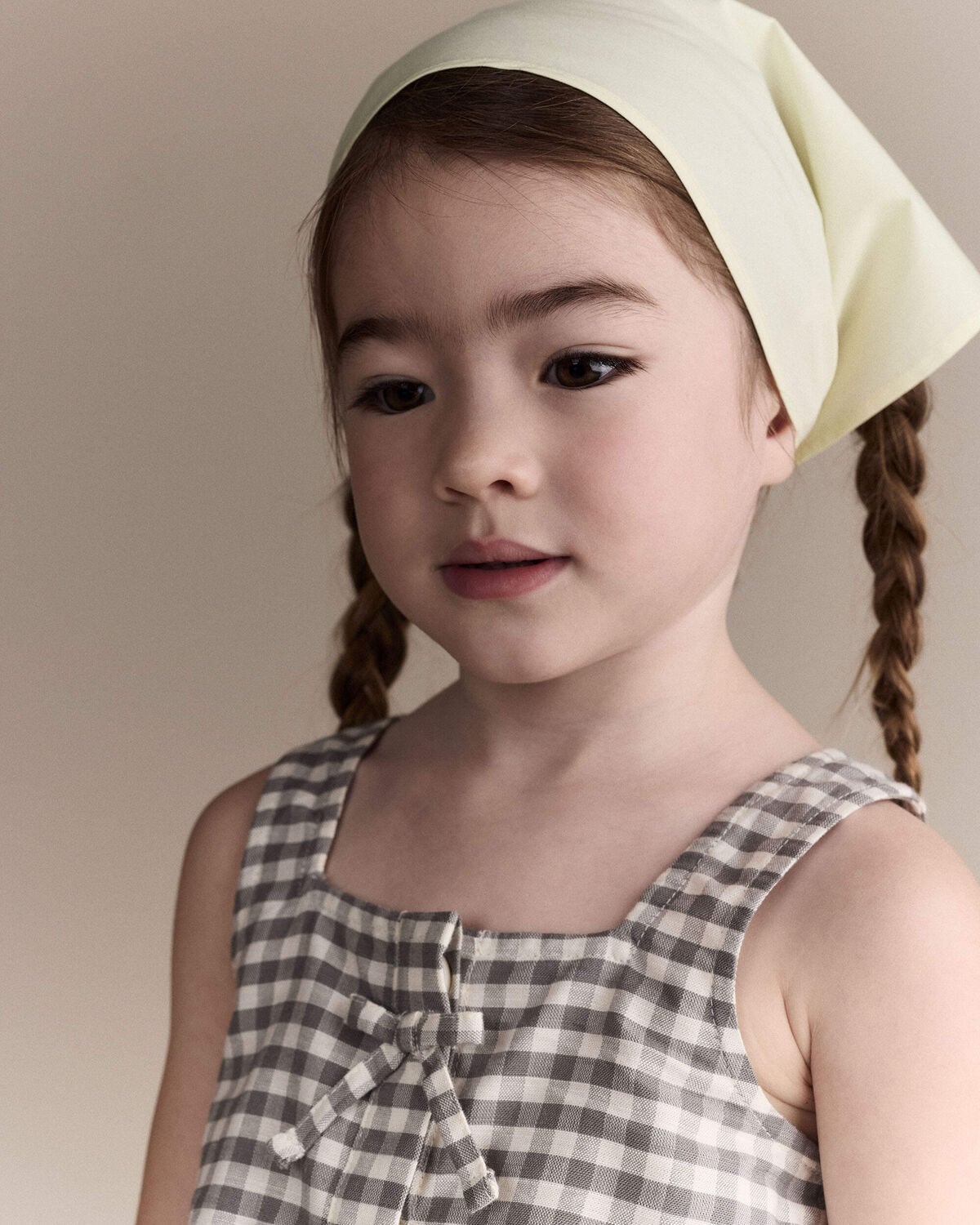 Toddler Girl Gingham Peplum Top with Bows - Cream/Grey - Image 6
