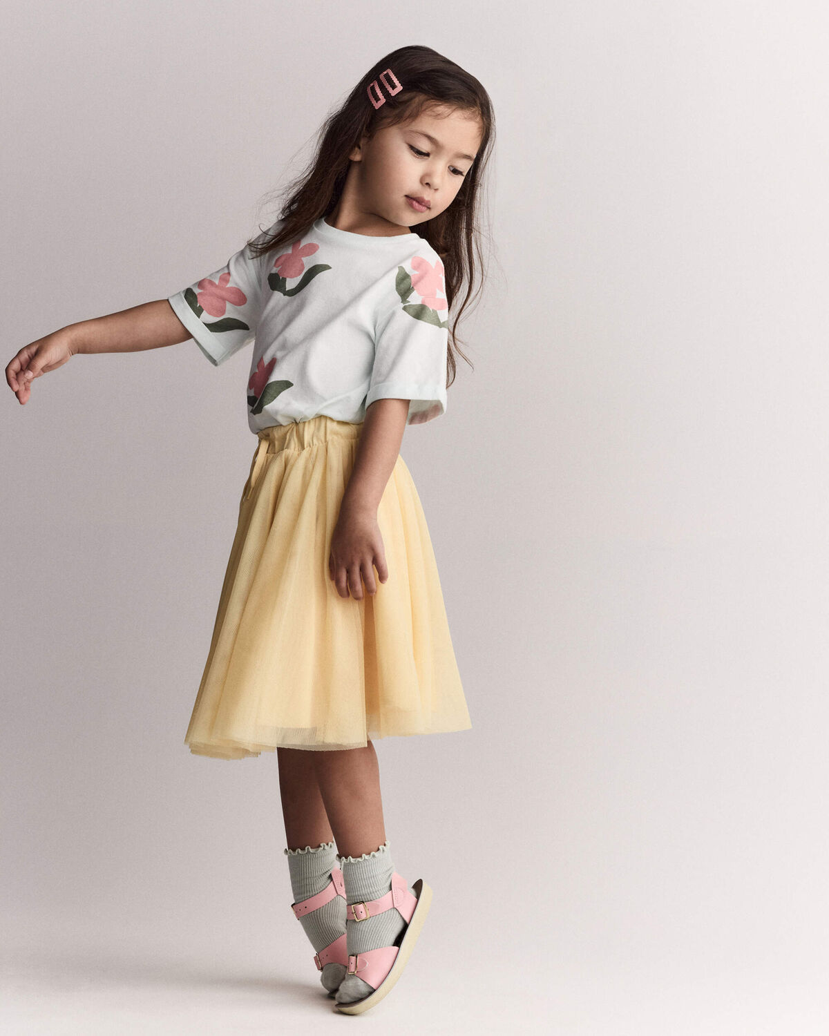 Toddler Girl Rolled Cuff Tee in Floral Print - Light Green - Image 5