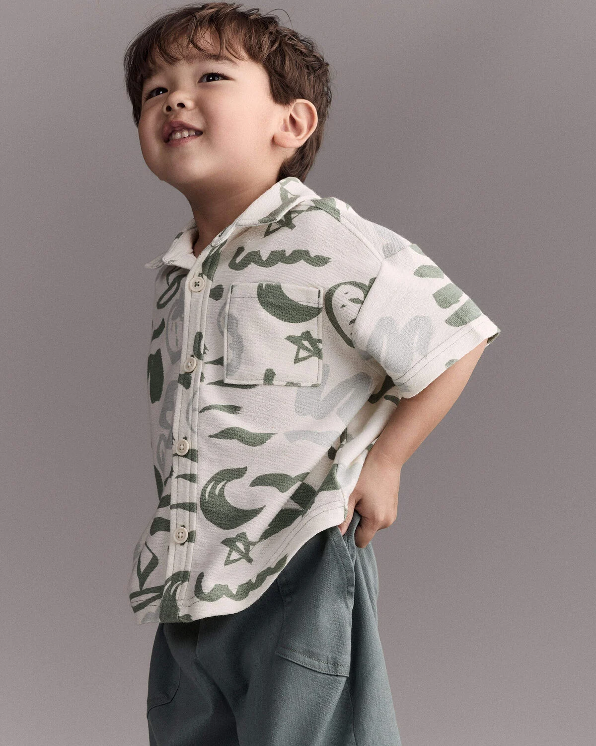 Toddler Boy Button-Down Short-Sleeve Shirt in Beach Print - Cream - Image 4