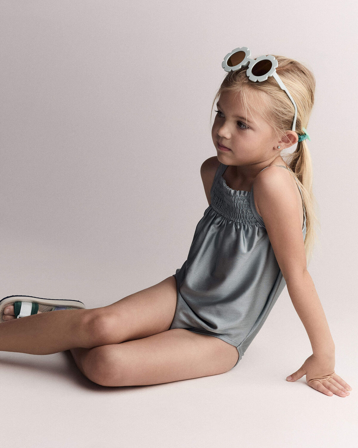 Toddler Girl Smocked One-Piece Swimsuit - Pale Blue - Image 3