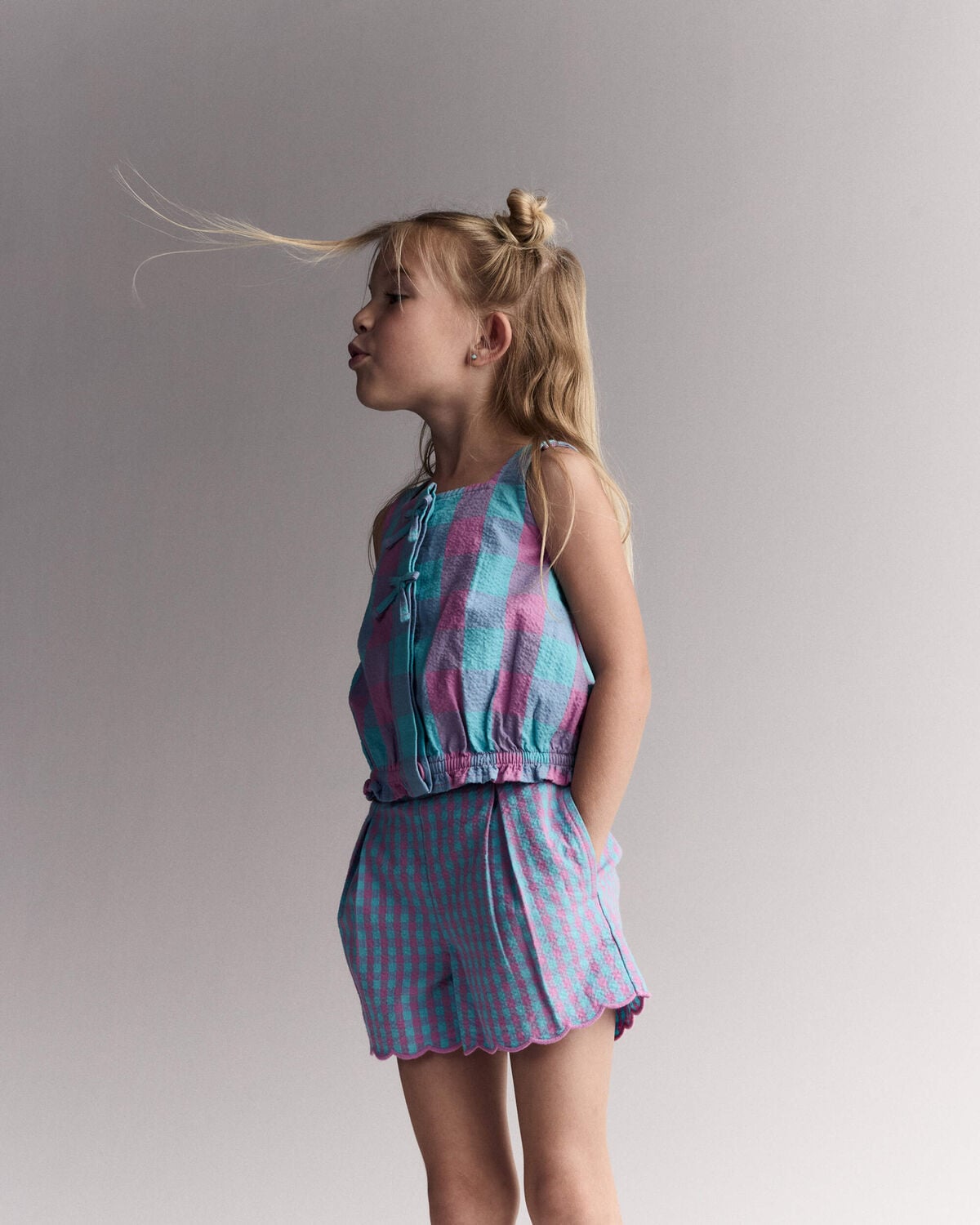 Toddler Girl Gingham Peplum Top with Bows - Purple/Blue - Image 6