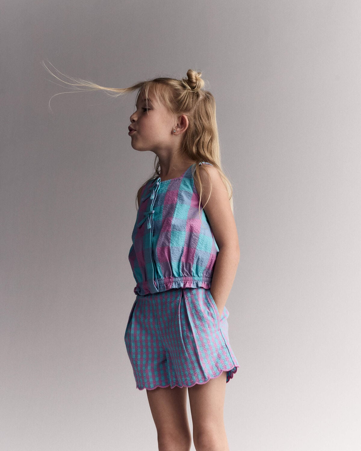 Toddler Girl Scalloped Gingham Shorts - Blue/Purple - Image 4