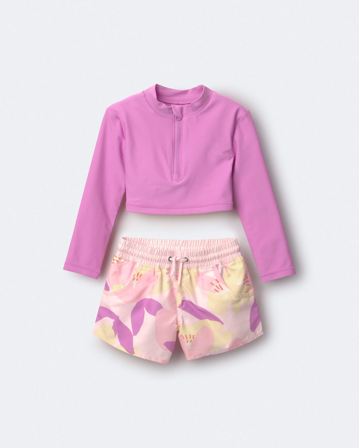 Toddler Girl Cropped Long-Sleeve Rashguard Set in Tropical Print - Purple/Rose - Image 2