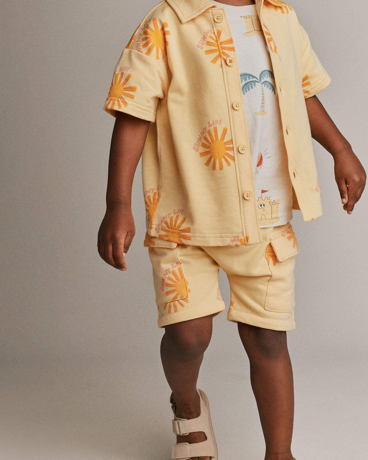 Toddler Boy French Terry Cargo Shorts in Sunny Life Print - Yellow - Image 3
