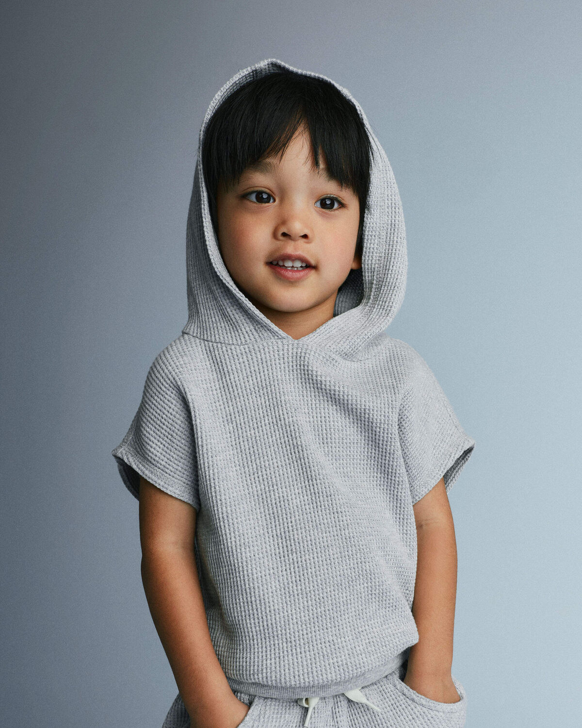 Toddler Waffle Knit Elastic-Waist Hooded Top - Heather Grey - Image 3