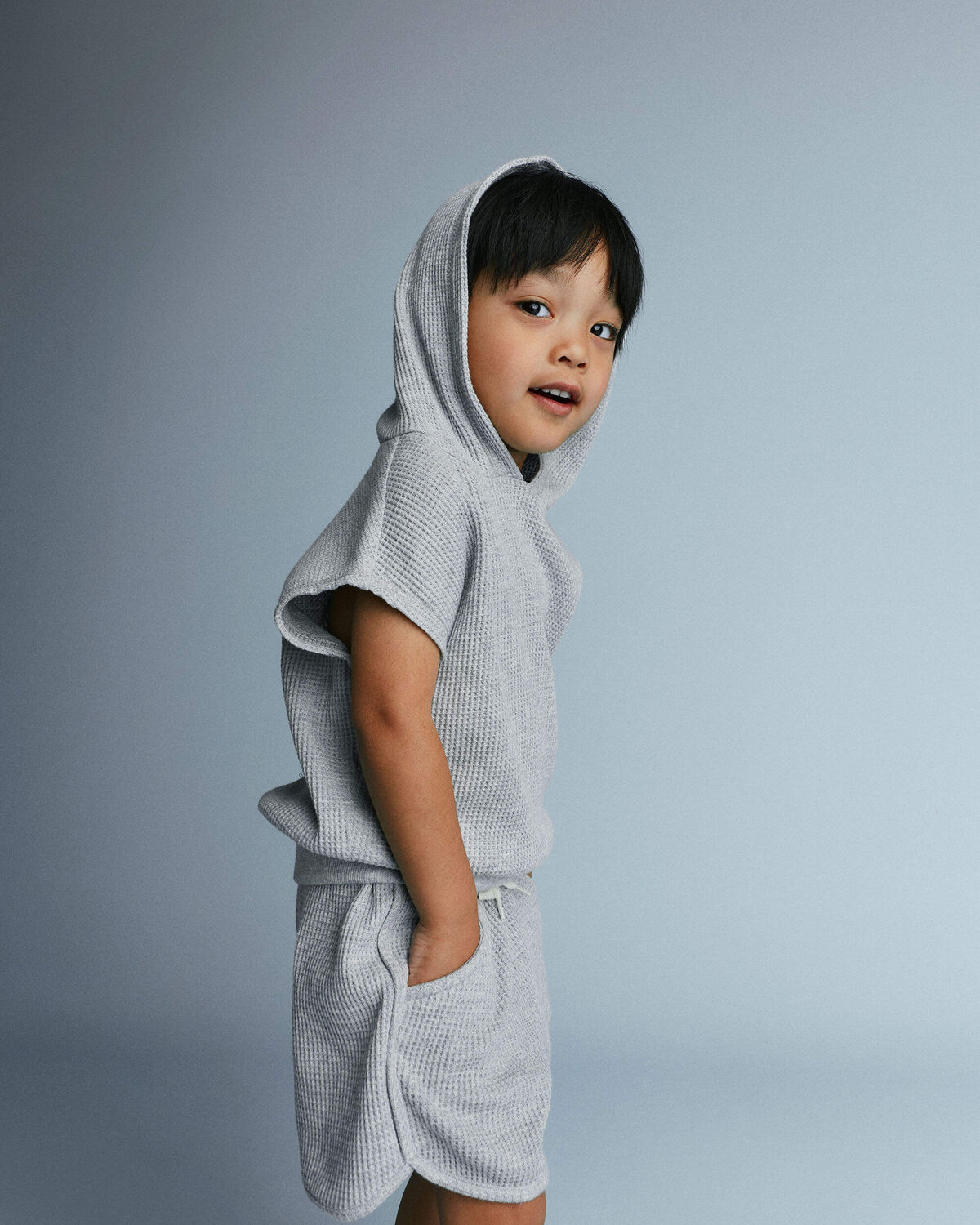 Toddler Waffle Knit Elastic-Waist Hooded Top - Heather Grey - Image 5