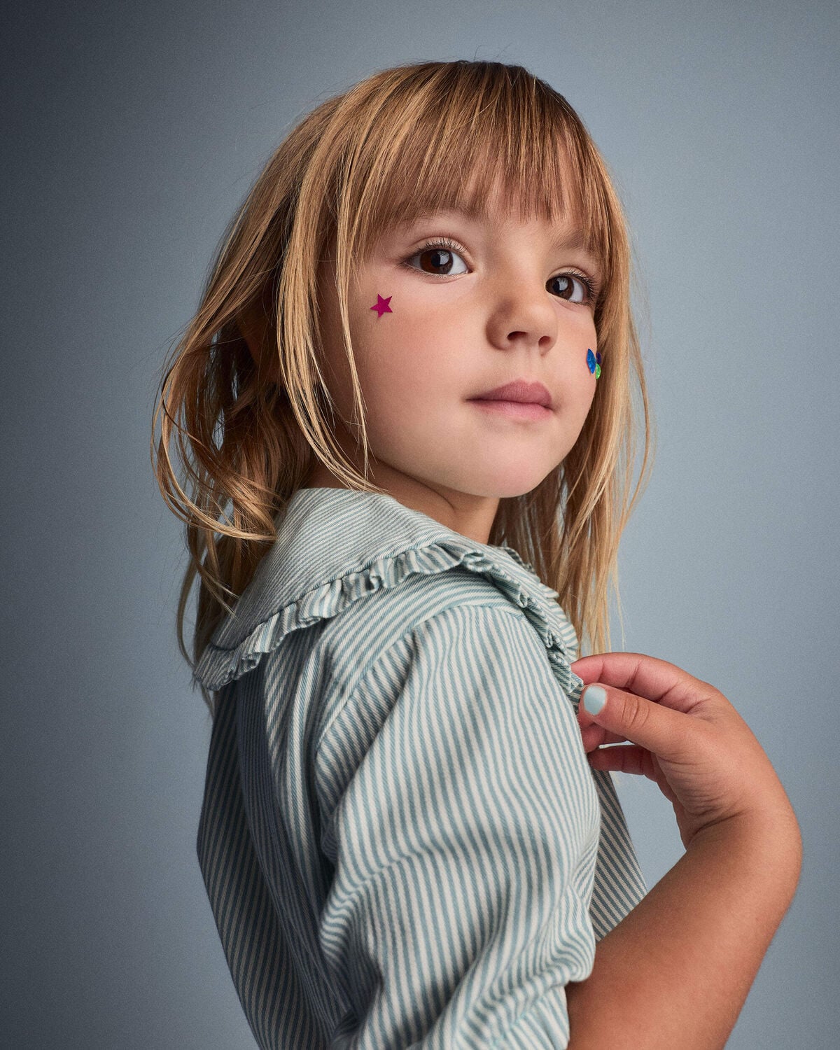 Toddler Girl Peter Pan Collar Top in Stripes - Teal - Image 4
