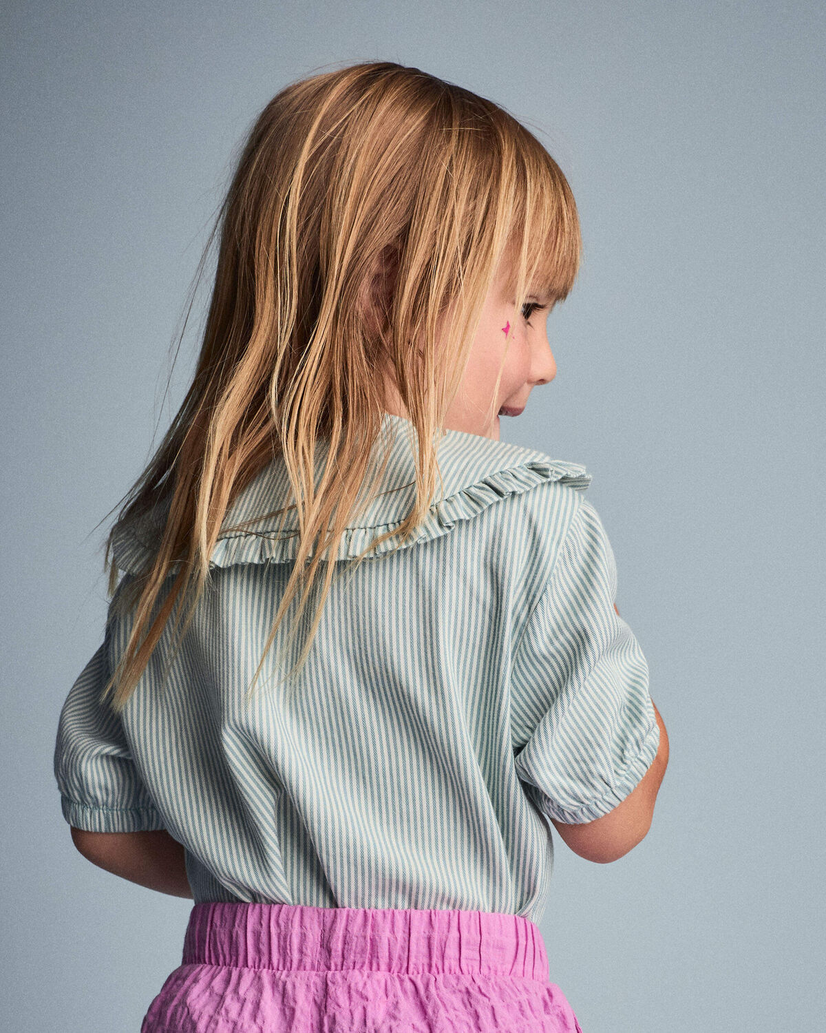 Toddler Girl Peter Pan Collar Top in Stripes - Teal - Image 5