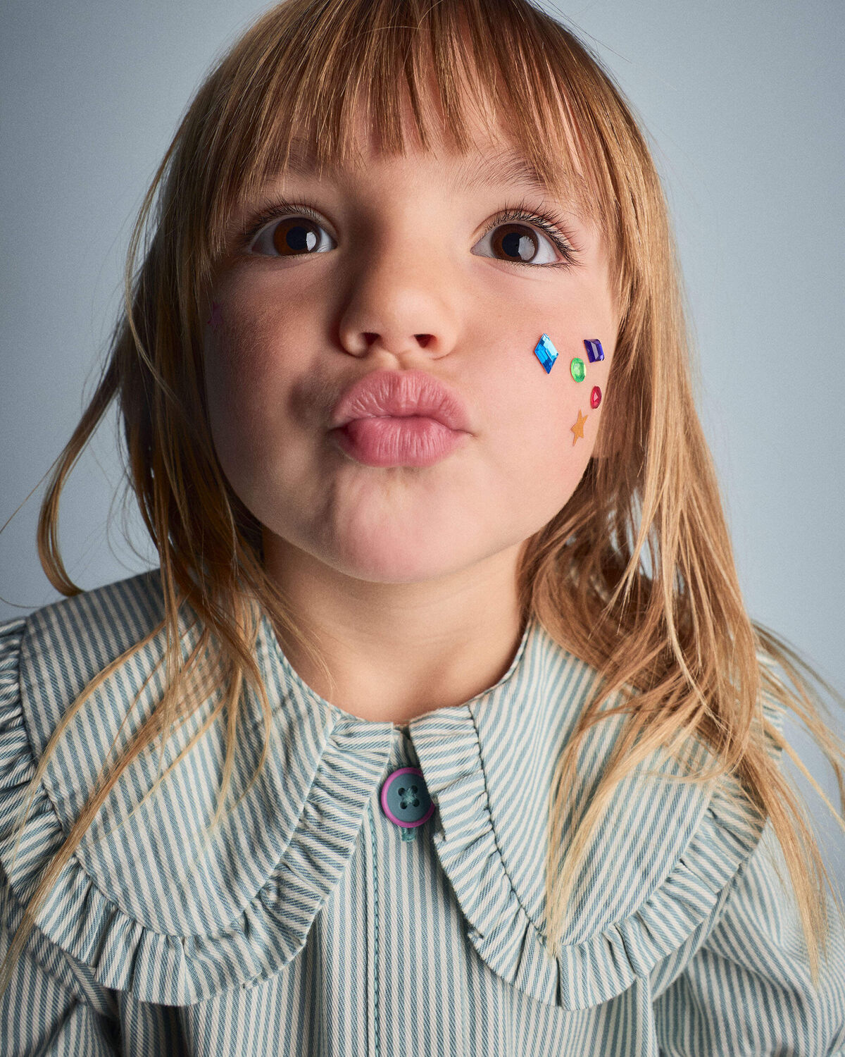 Toddler Girl Peter Pan Collar Top in Stripes - Teal - Image 3