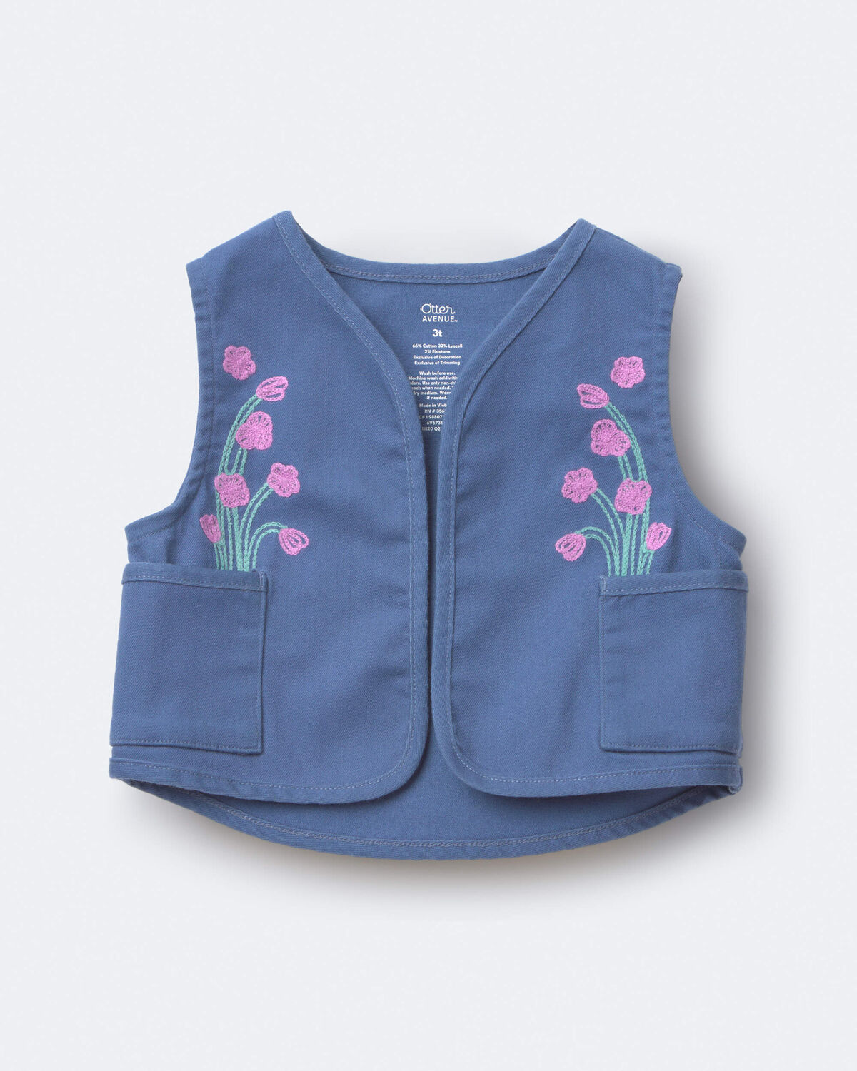 Toddler Girl Embroidered Cropped Vest with Otter Pockets - Slate Blue - Image 2