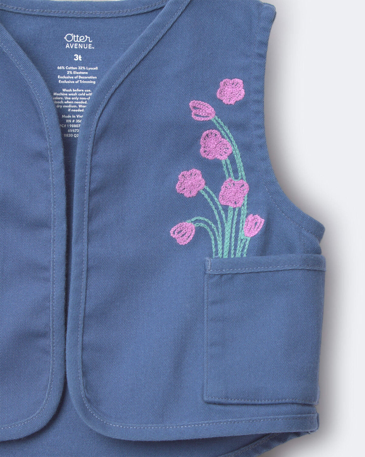 Toddler Girl Embroidered Cropped Vest with Otter Pockets - Slate Blue - Image 6