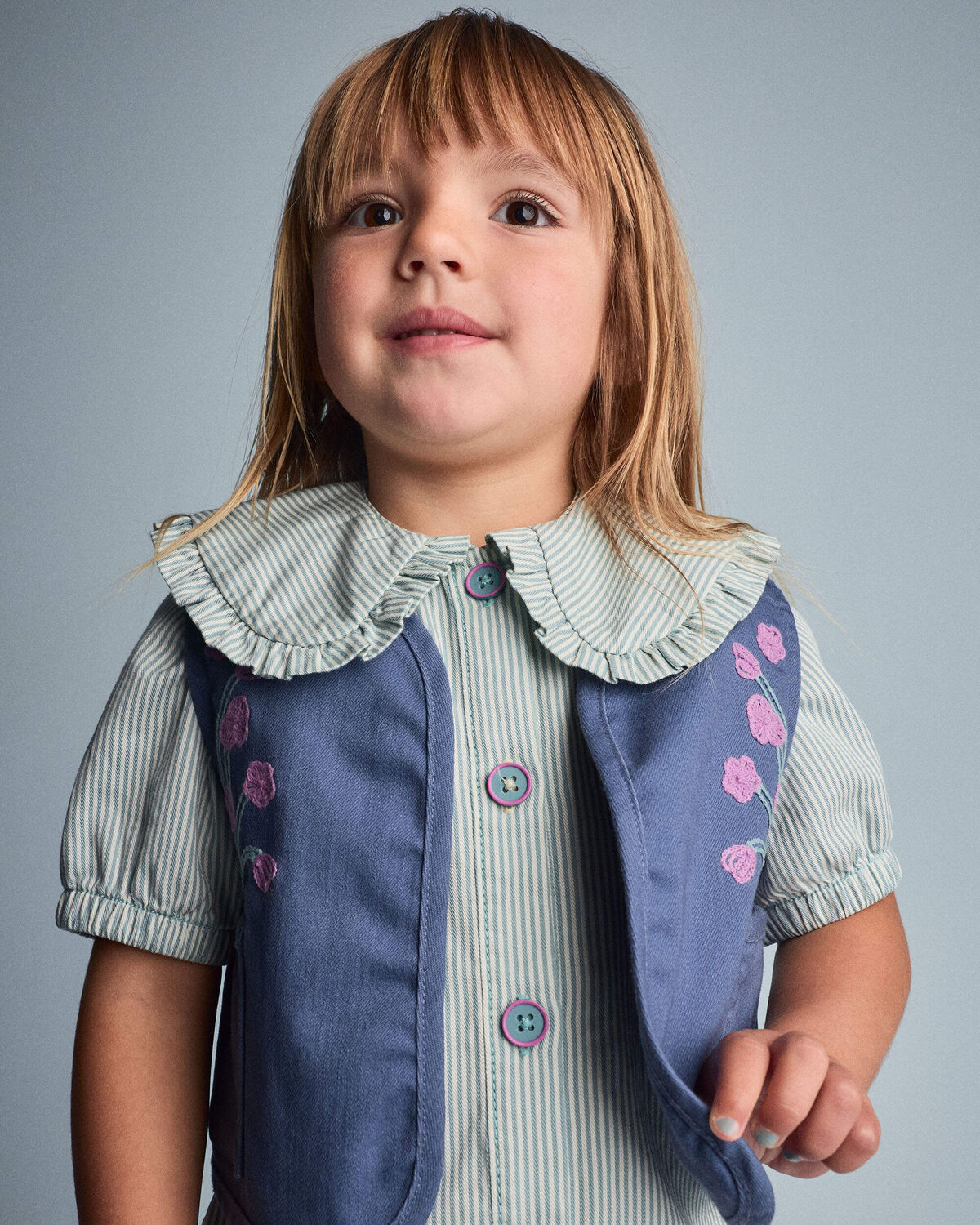 Toddler Girl Embroidered Cropped Vest with Otter Pockets - Slate Blue - Image 3