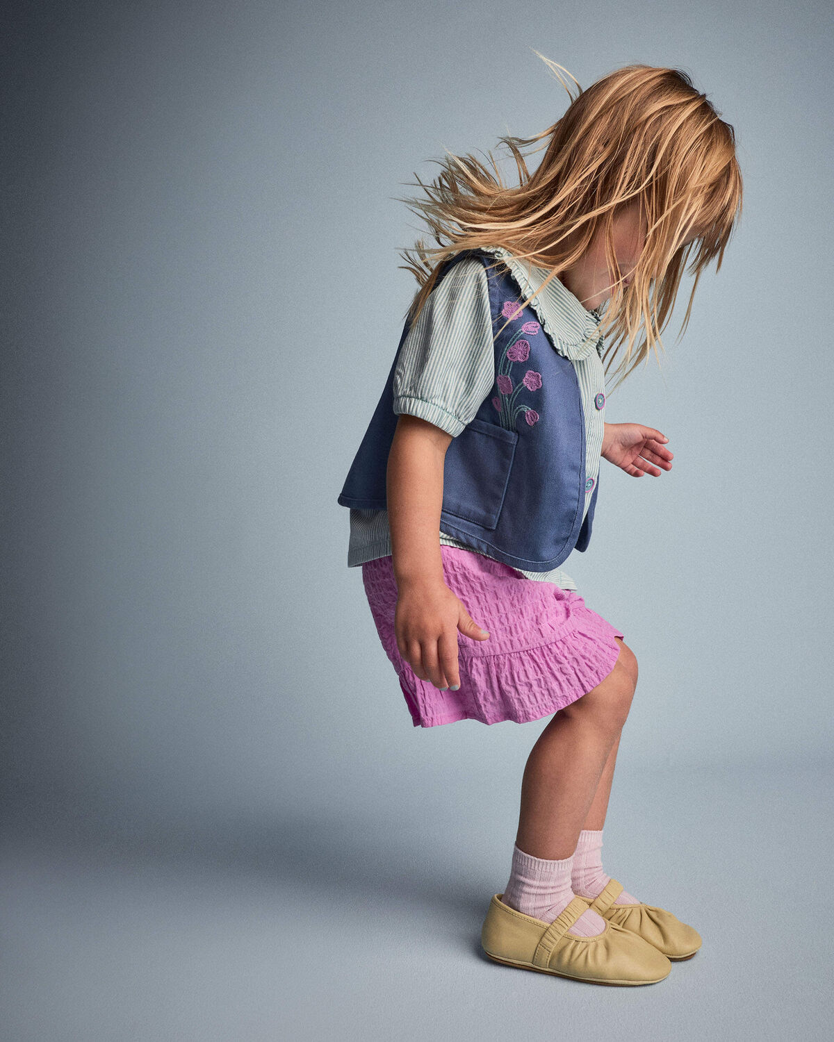 Toddler Girl Embroidered Cropped Vest with Otter Pockets - Slate Blue - Image 4
