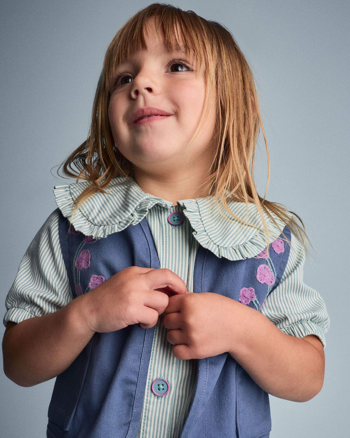 Toddler Girl Embroidered Cropped Vest with Otter Pockets - Slate Blue - Image 5