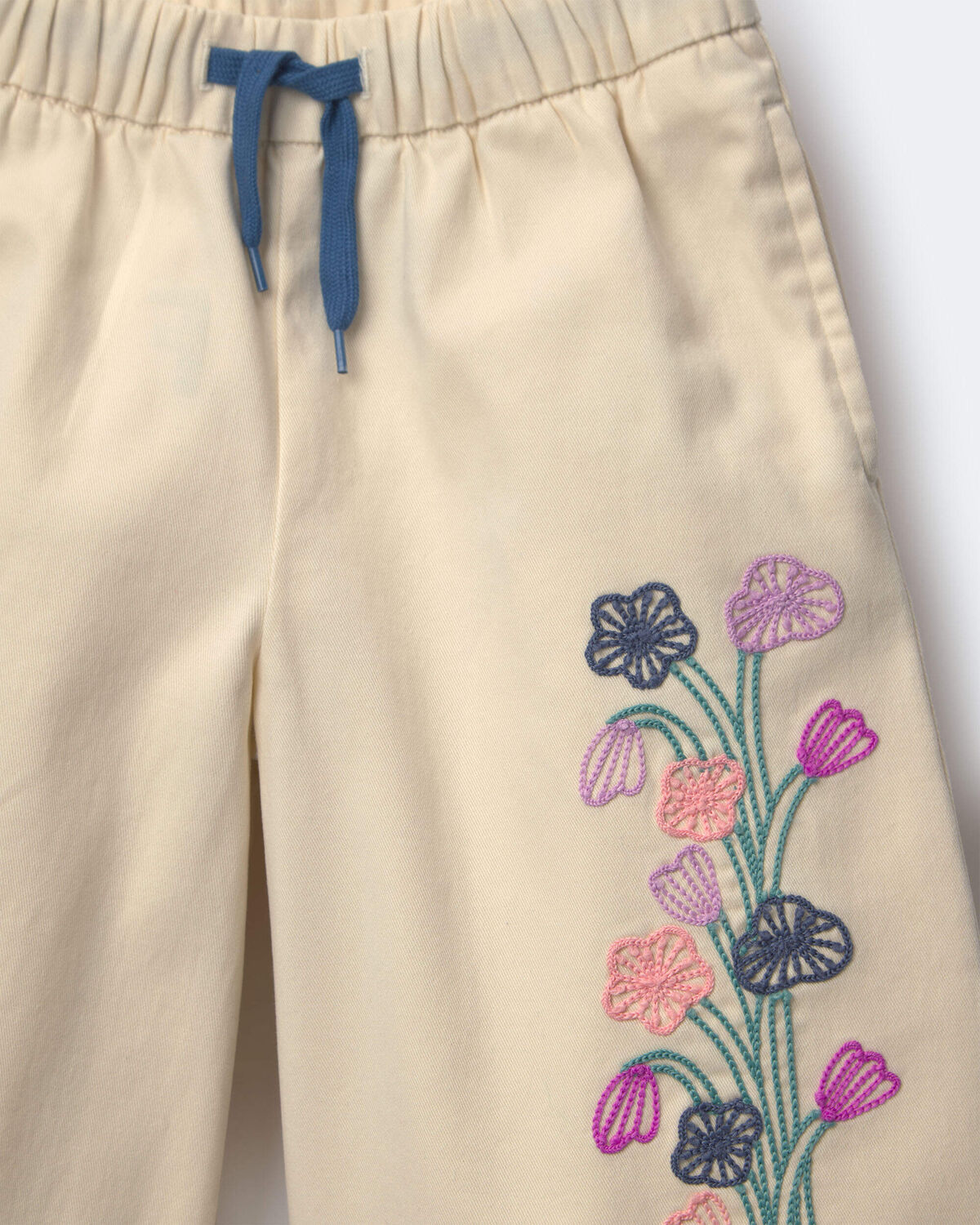 Toddler Girl Embroidered Wide-Leg Pants with Flowers - Cream - Image 3